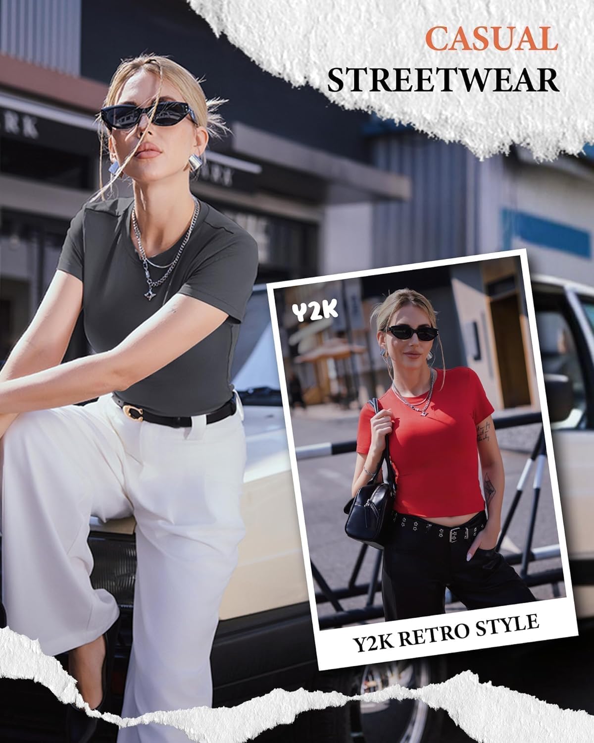 GAYHAY 3 Pack Basic Tees for Women - Crew Neck Slim Fit Tight T Shirts Cute Y2K Trendy Crop Tops Clothes for Casual Summer