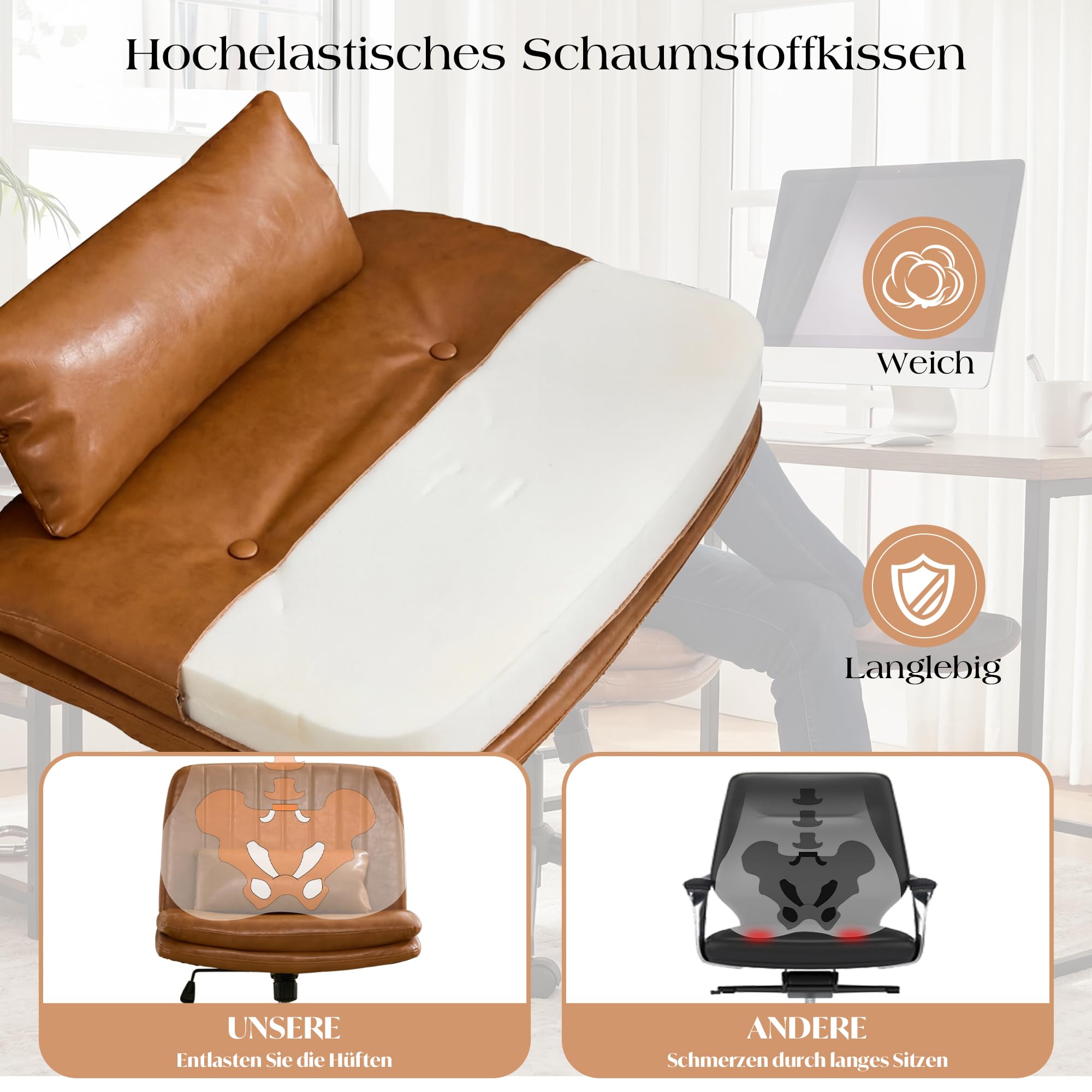 Breiter Bürostuhl, Gepolsterter Armloser Schreibtischstuhl 360° Drehbarer Homeoffice Lesesessel mit Breiterem Polster zum Sitzen im Schneidersitz Stuhl, Höhenverstellbar (Orange)