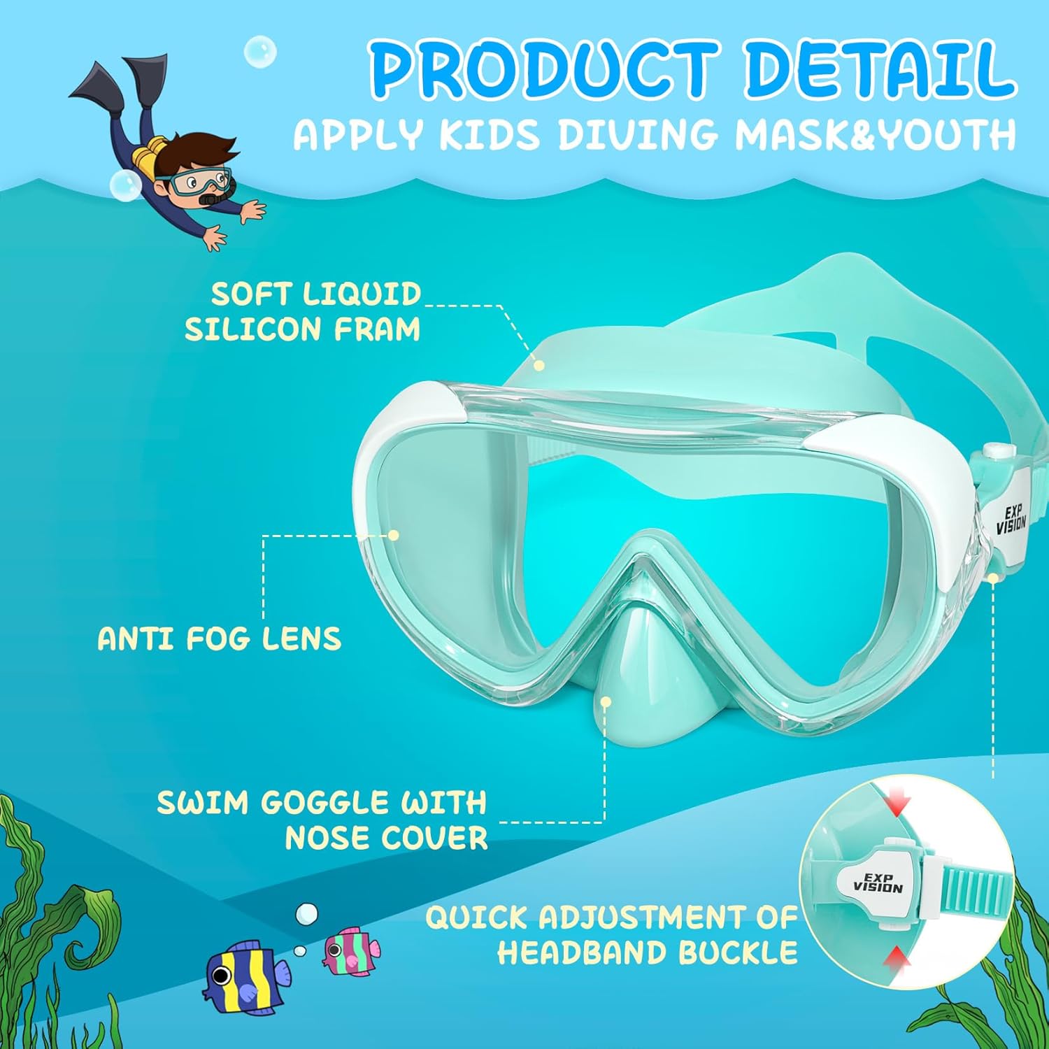 Kids Swim Mask 180° Snorkel Diving Mask, Anti-Fog Child Swim Goggles with Nose Cover No-Leak Swimming Goggles Anti-Shattered Lens for Youth 4-15