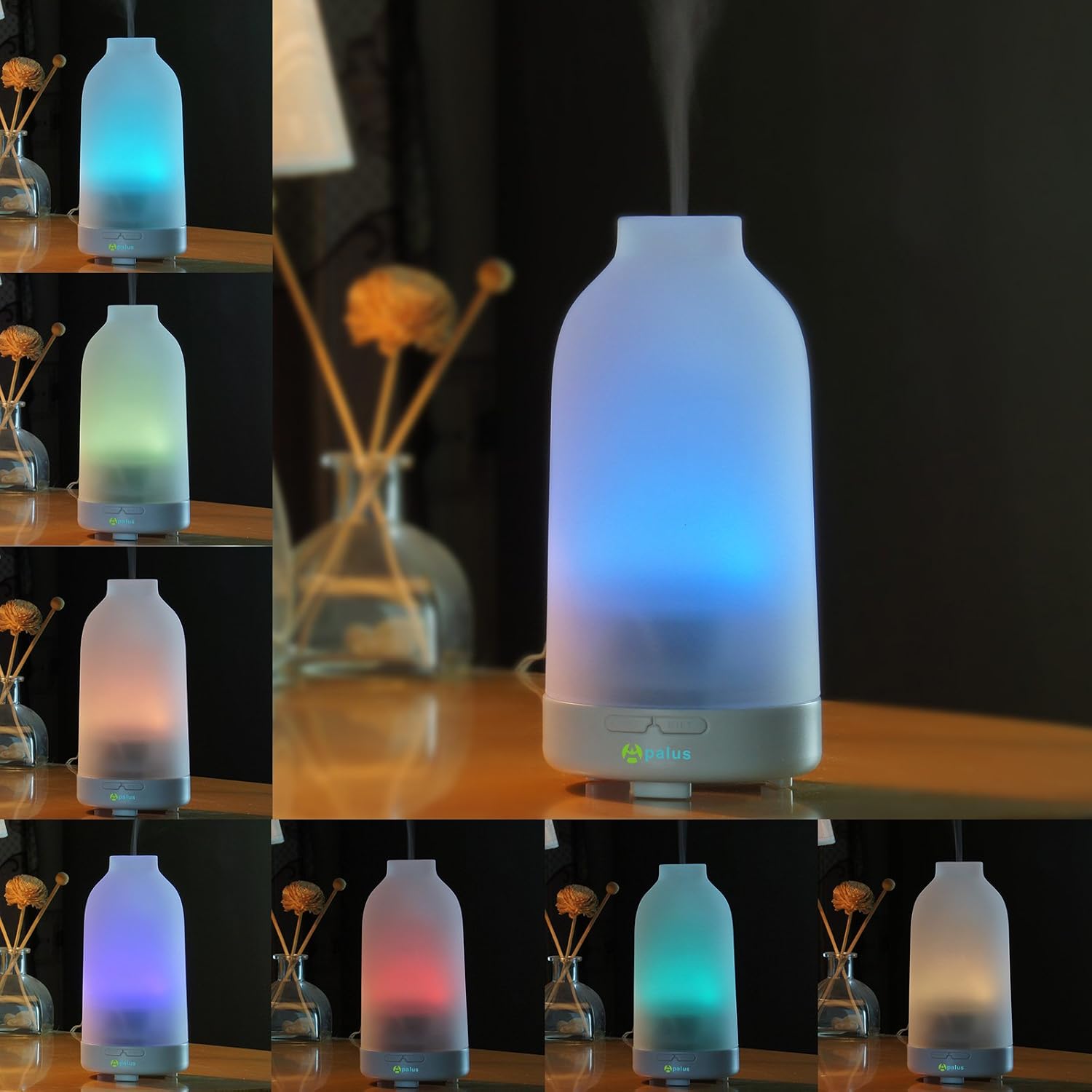 Apalus Glass Essential Oil Diffuser, Aromatherapy Diffuser, Ultrasonic Humidifier Air Purifier, with 7- Color LED Light,Auto Shut off