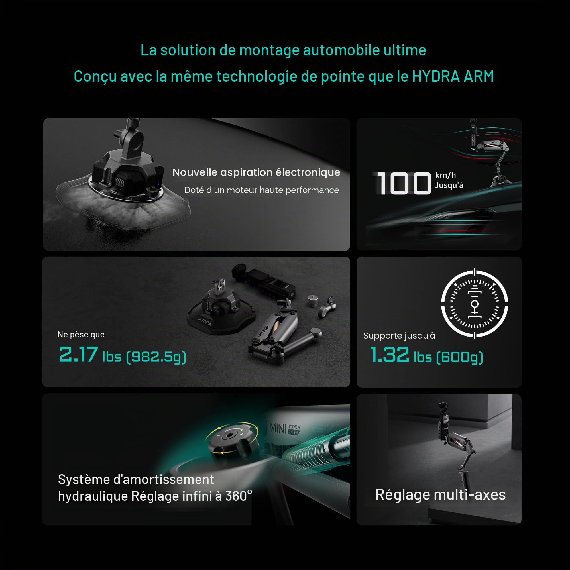 Tilta Hydra Alien Mini kit de Ventouse électronique – Gris Titane | Compatible avec DJI Pocket 3 et Autres caméras d'action/Smartphones | Amortissement hydraulique | Bras réglable