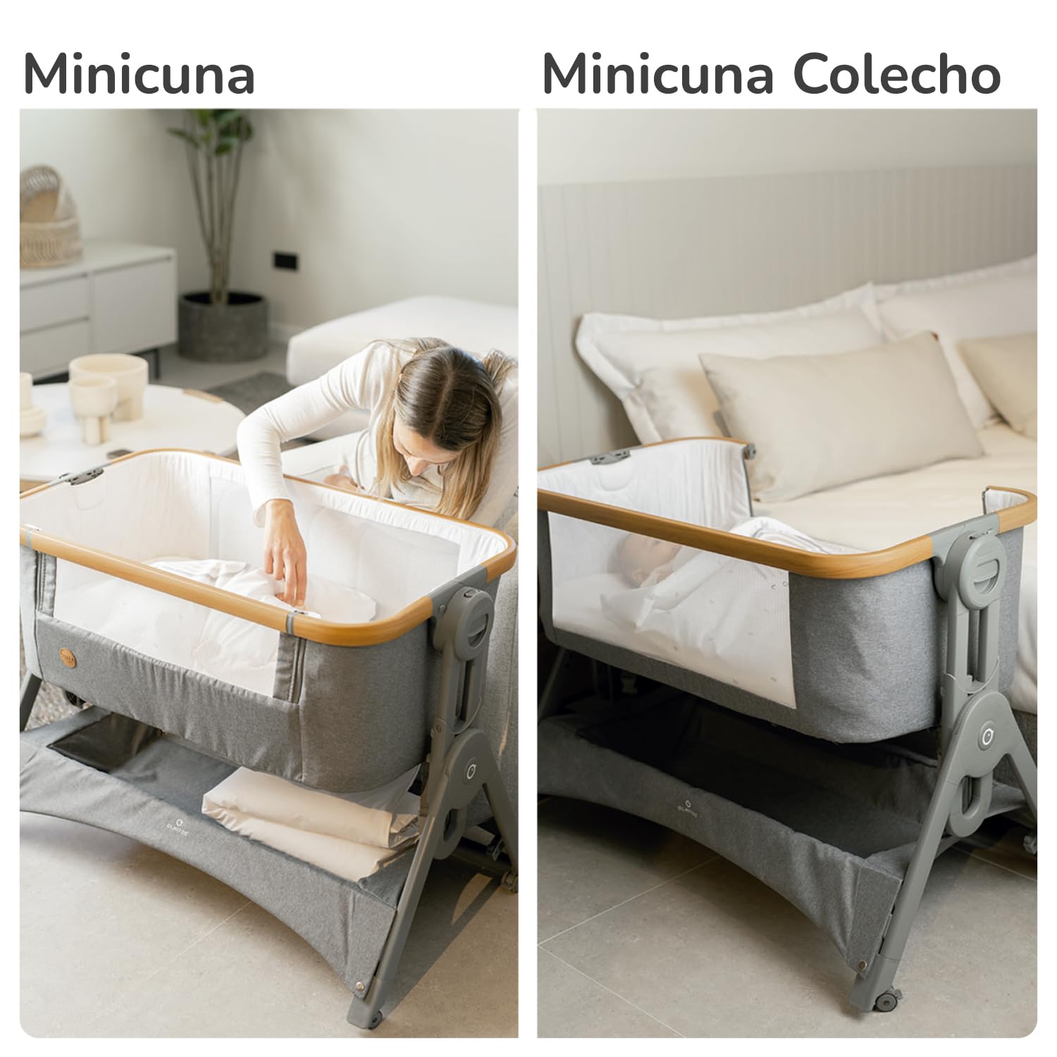 Olmitos - Minicuna de Colecho Stella – Cuna Bebé 2 en 1 Desde el Nacimiento, Altura Ajustable, Lateral Abatible, Incluye Edredón y Bajera - con mosquitera (Gris)