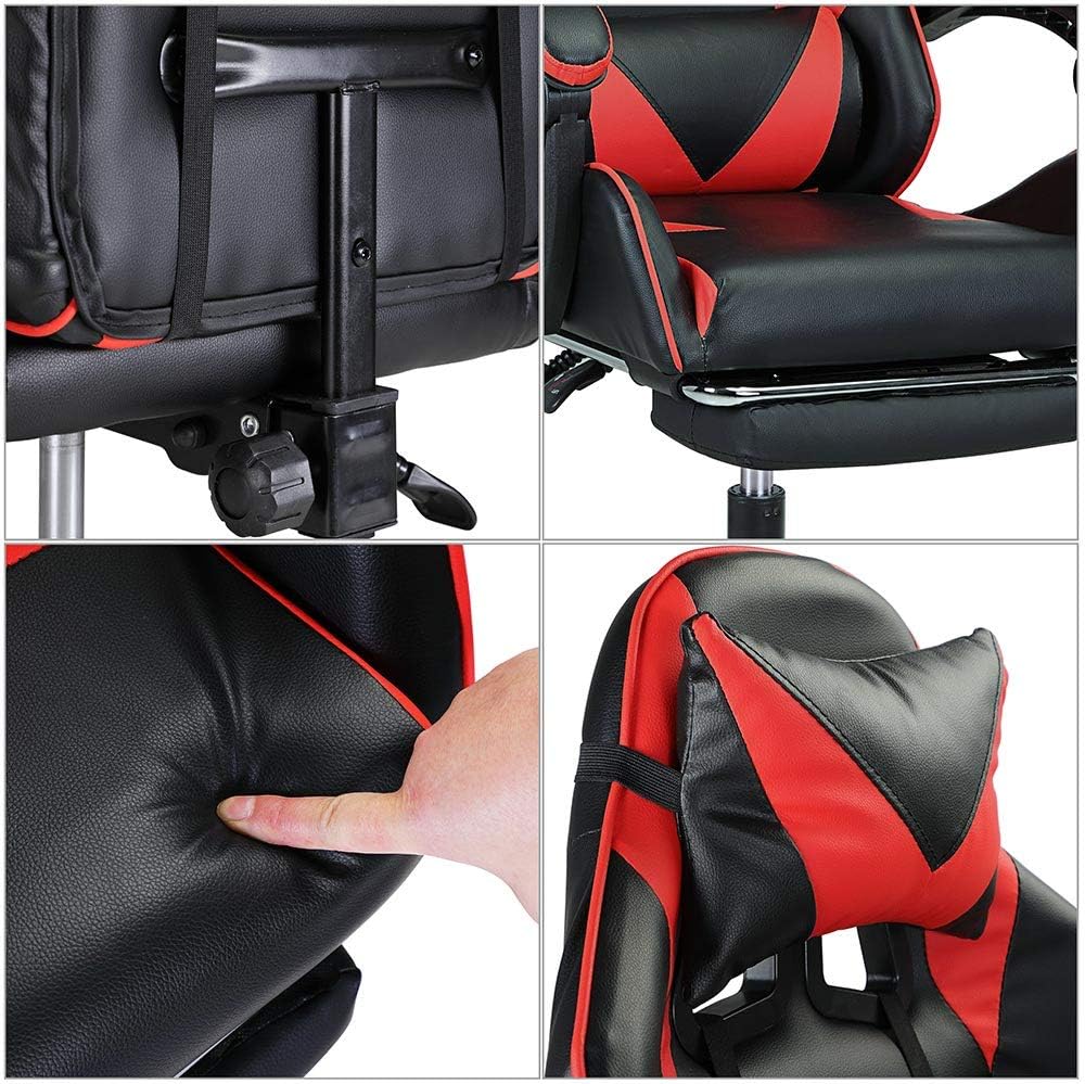 Sedia Poltrona Gaming Scrivana Ufficio Casa in Ecopelle Schienale Reclinabile Cuscino Lombare Poggiatesta Rotazione 360 Gradi Direzionale Altezza Regolabile Base 5 Ruote (Rosso con Poggiapiedi) - Sedia gaming - Immagine 6