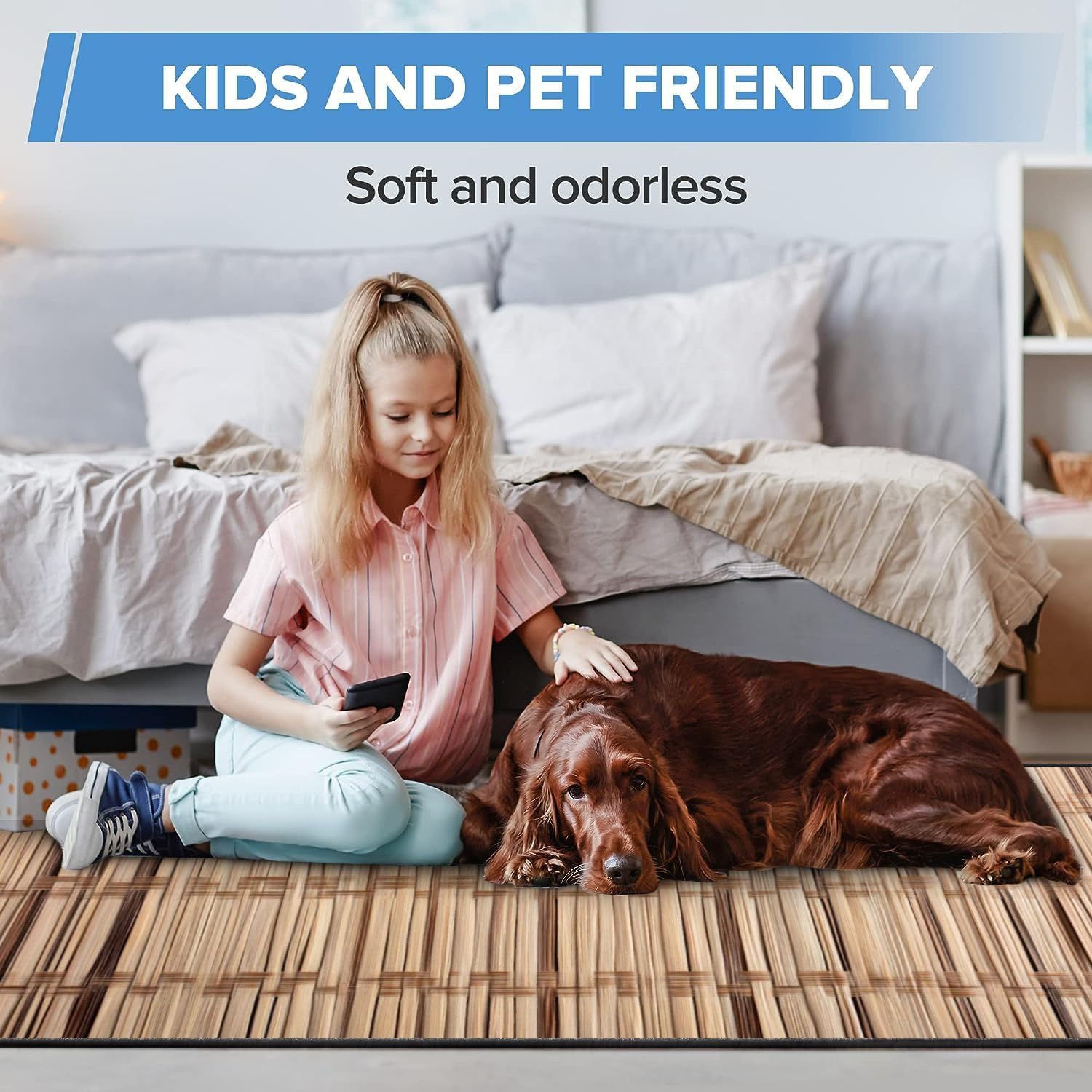 Area Rug Bamboo Woven Washable 6x9 feet Large Rugs for Bedroom Kitchen Living Room Non Slip Outdoor Carpets Soft Mats for Home Playroom Decor