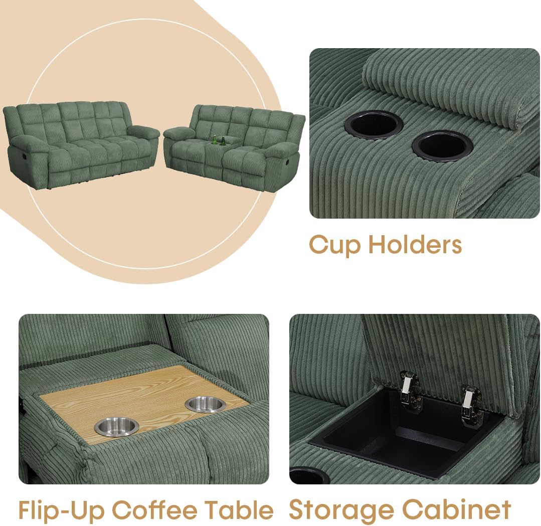 Manual Recliner Sofa and Loveseat, Living Room Furniture Sets, Corduroy Reclining Sectional Couch with Drop-down Table, Modern Recliner Couches with Cup Holder/Storage Console for House(green)