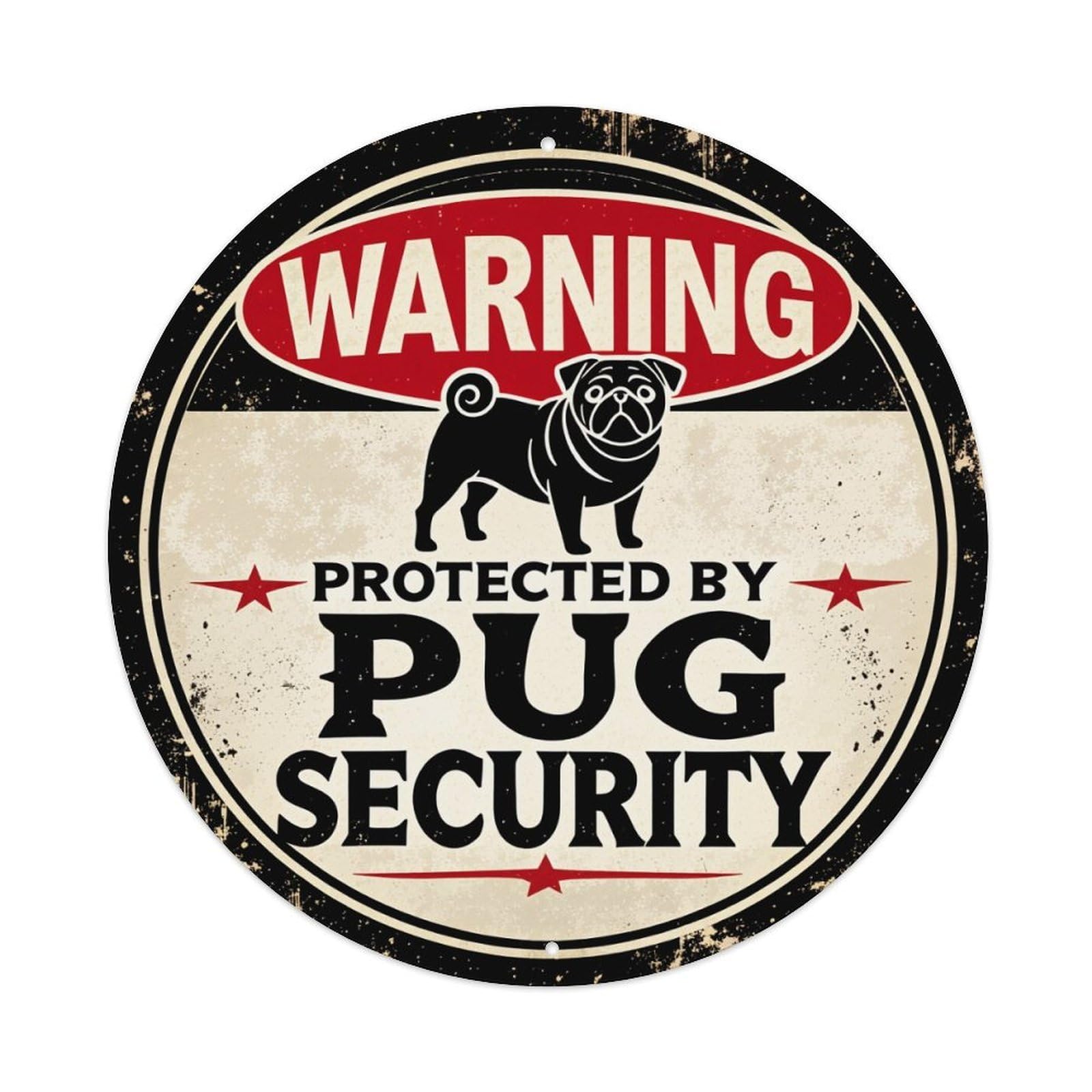 Warning Pug Security Sign Pattern Round Tin Sign Retro Metal Sign for Cafe Bar Pub Home Game Room Gym Club Wall Decoration Vintage Metal Poster 8x8 Inch