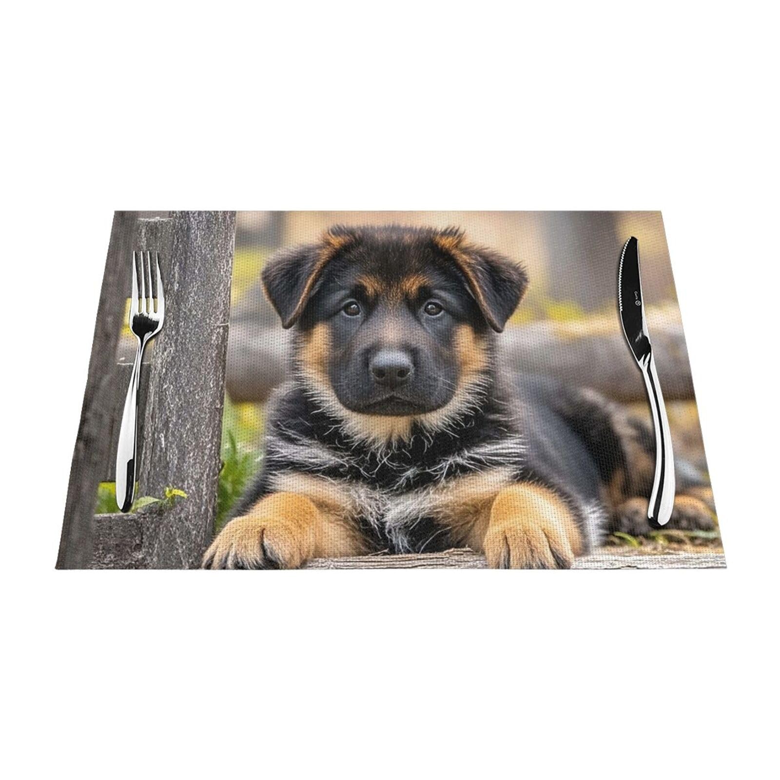 Placemats Set of 4 PCS Heat Resistant Non-Slip Place Mats for Dining Table German Shepherd Puppy Placemats Wipeable Washable PVC Weave Table Mats for Party Kitchen Dining Decor
