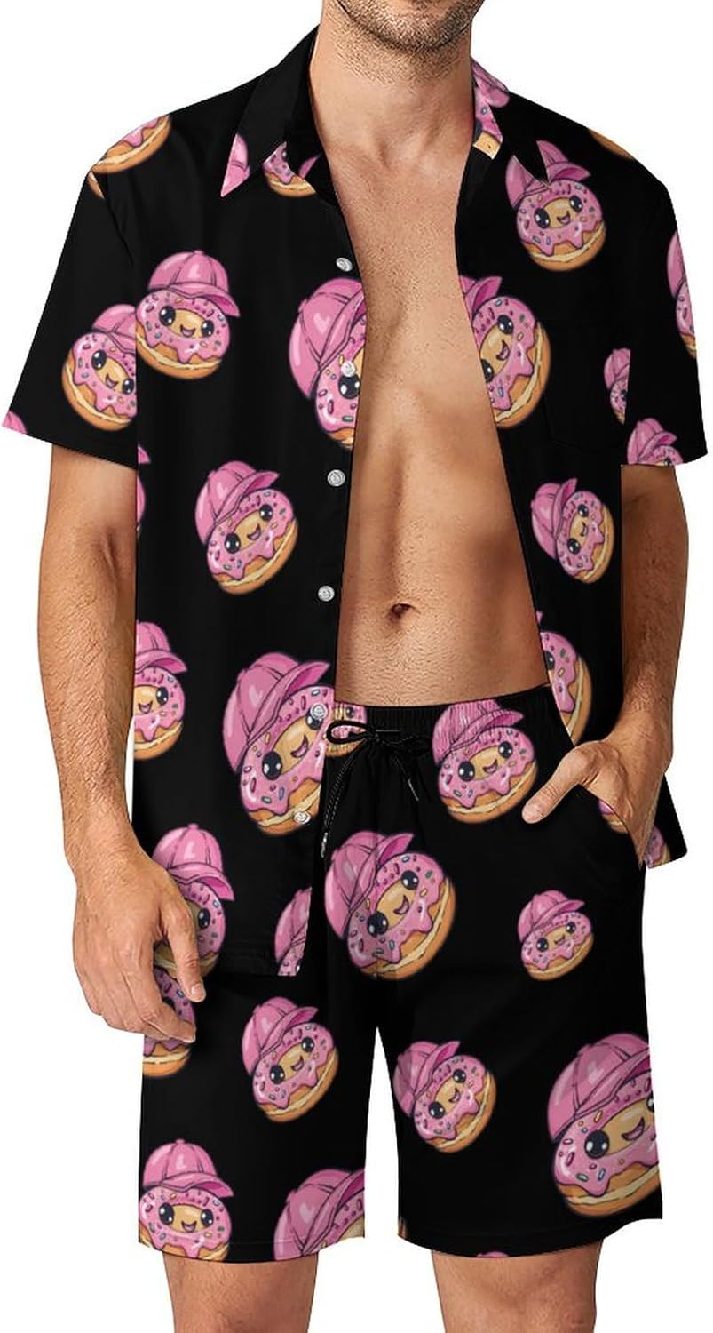 Cute Donut With Cap Men's Summer Beach Outfits Shirt And Shorts Set 2 Piece Vacation Swimwear