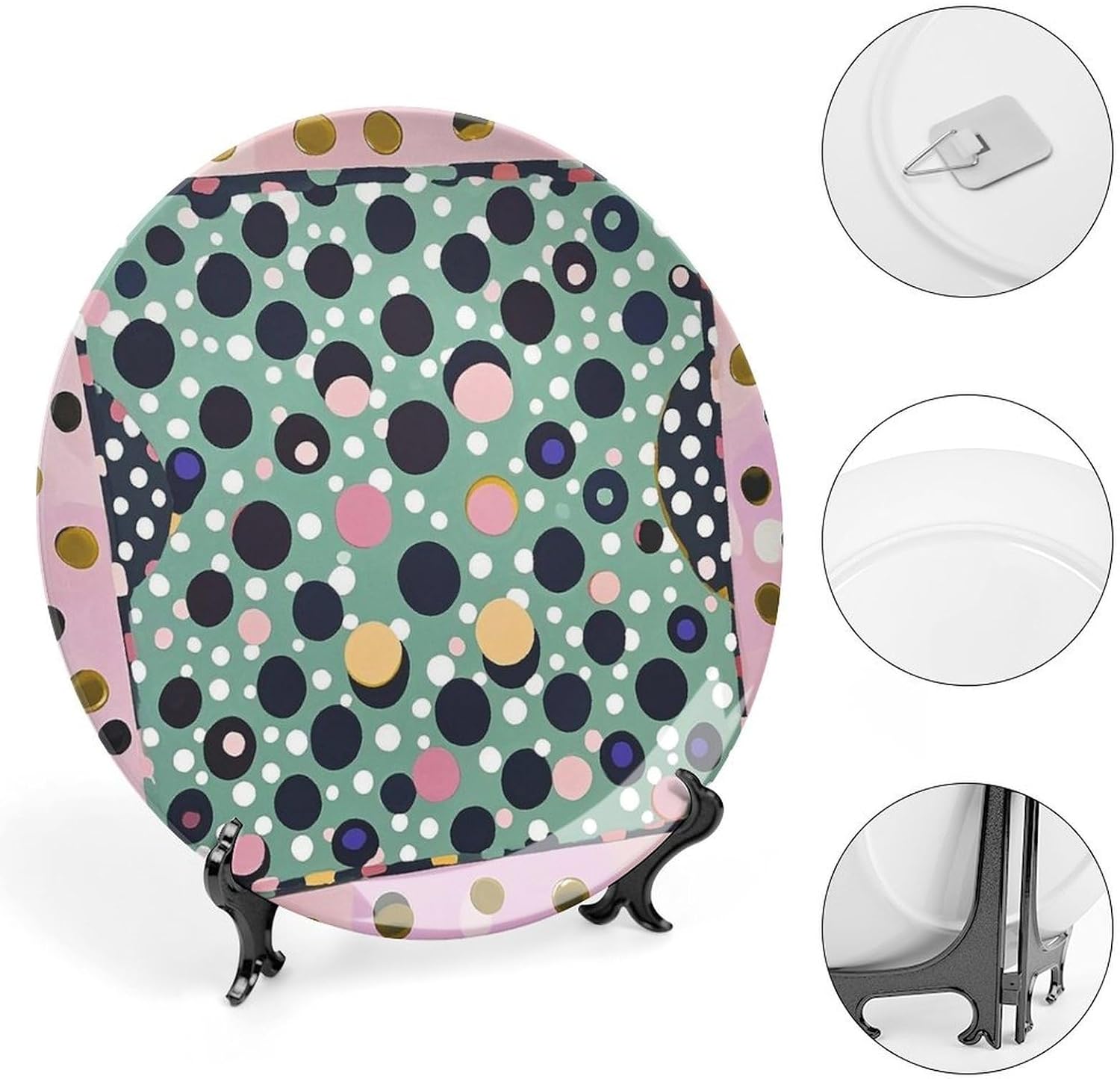 Beautiful Polka Dot Decorative Ceramic Plate Round Porcelain Plate Decor Personalized Bone China Decorative Plates Ceramic Ornaments Dessert Plates with Display Stand 10inch