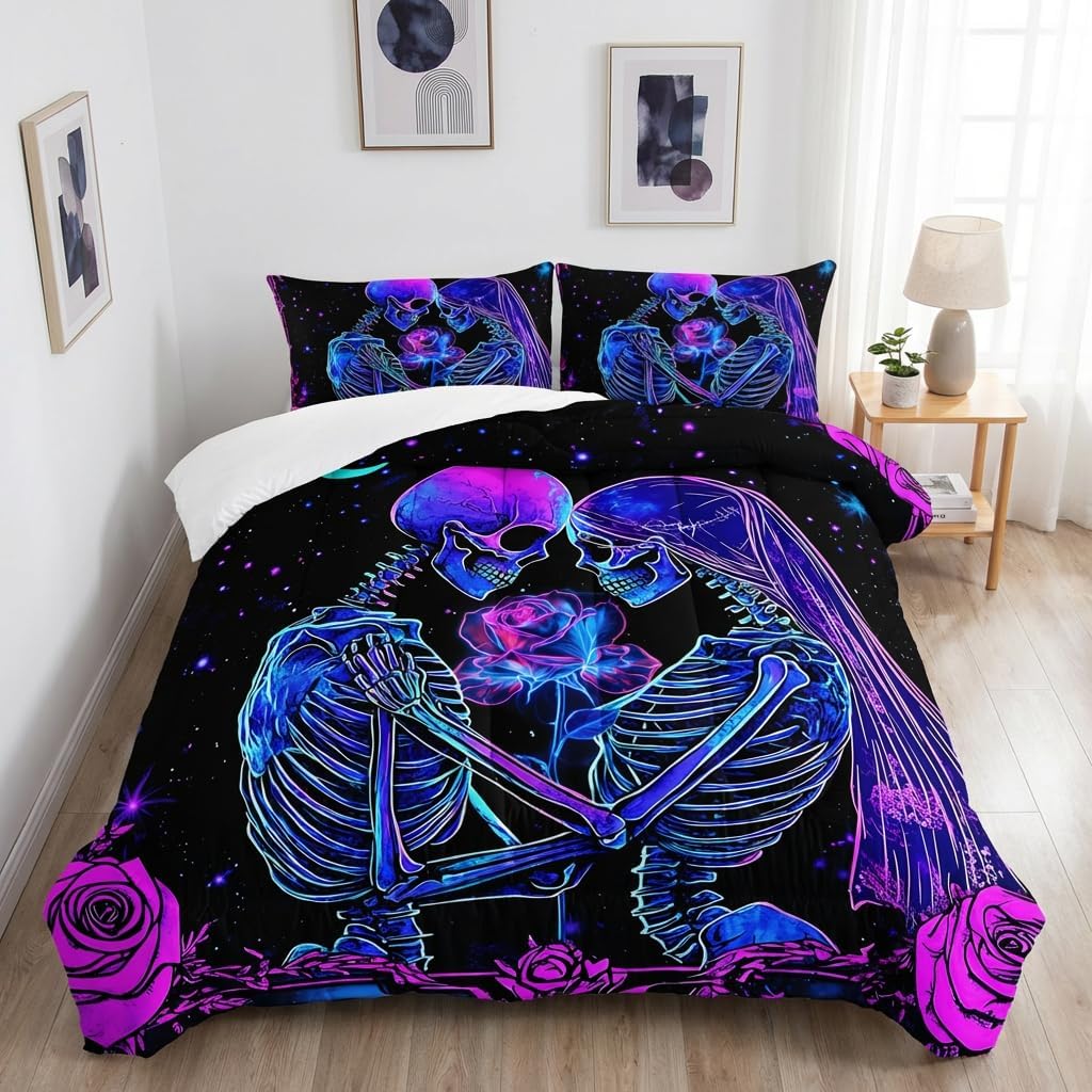 AILONEN Skull Comforter Set Queen Size, Gothic Neon Bedding Set for Lover Couple Bridal,Human Skeleton Couple Print Duvet Set for Bedroom Decor,1 Quilt + 2 Pillowcases,3-Pieces