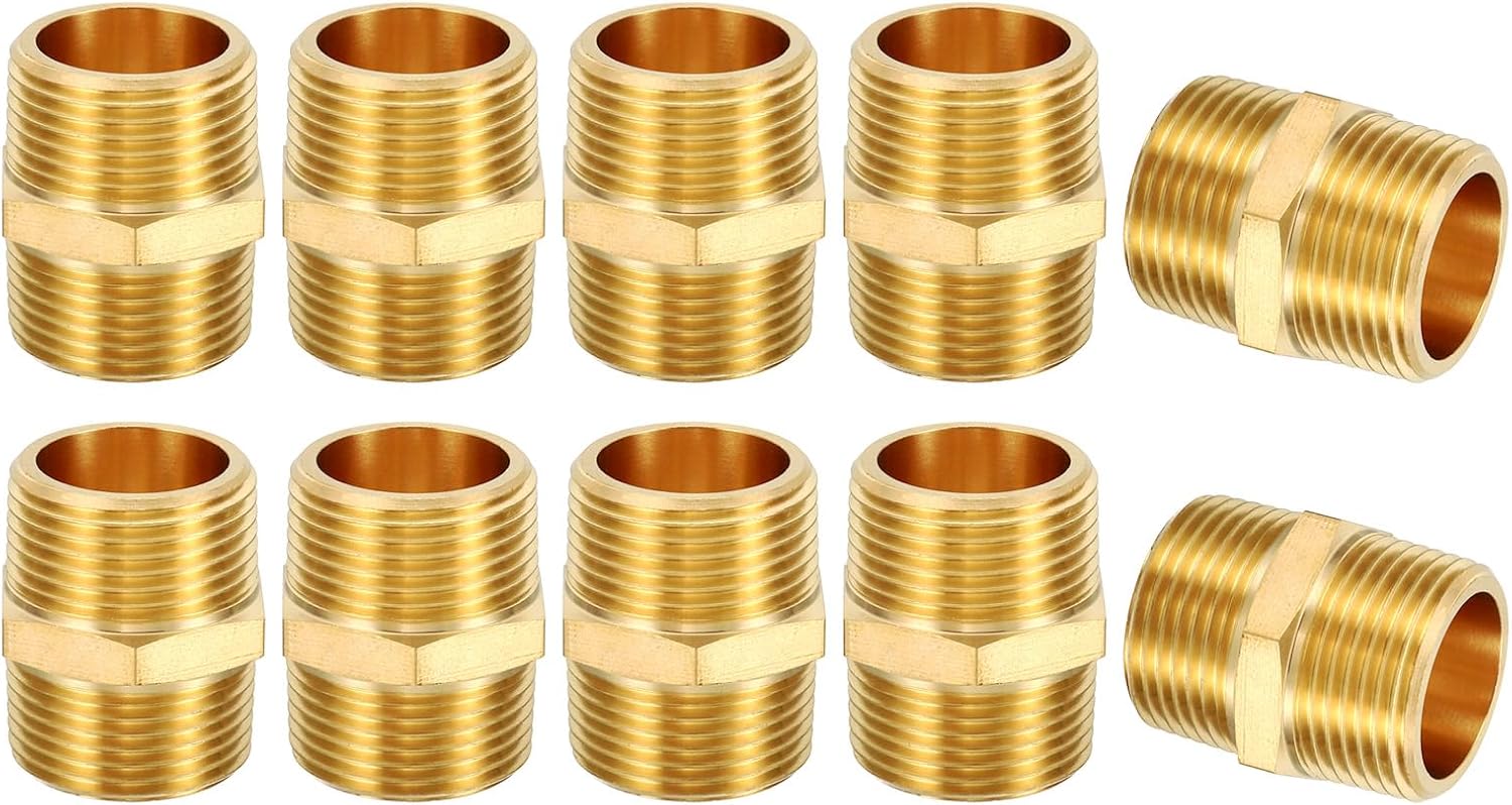 PATIKIL Brass Pipe Fittings Coupler, 10Pcs 1" x 1" NPT Male Thread Brass Hex Nipple Coupling Reducer Adapter Tubing Connector Adaptor for Water, Air, Oil, Gas Line System