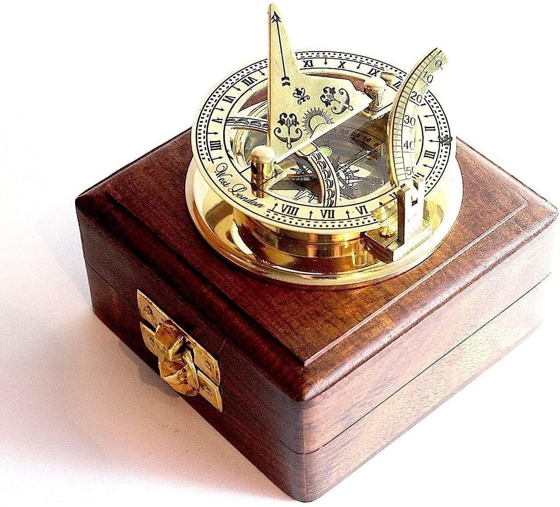 Solid Brass Compass Solid Brass Pocket Sundial - West London with Wooden Box Best Gift-image-36