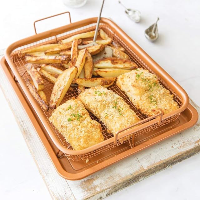 HID Interior Copper Crisper Non-Stick Oven Baking Tray with Crisping Basket, 2 Piece Set (Pack of 1)