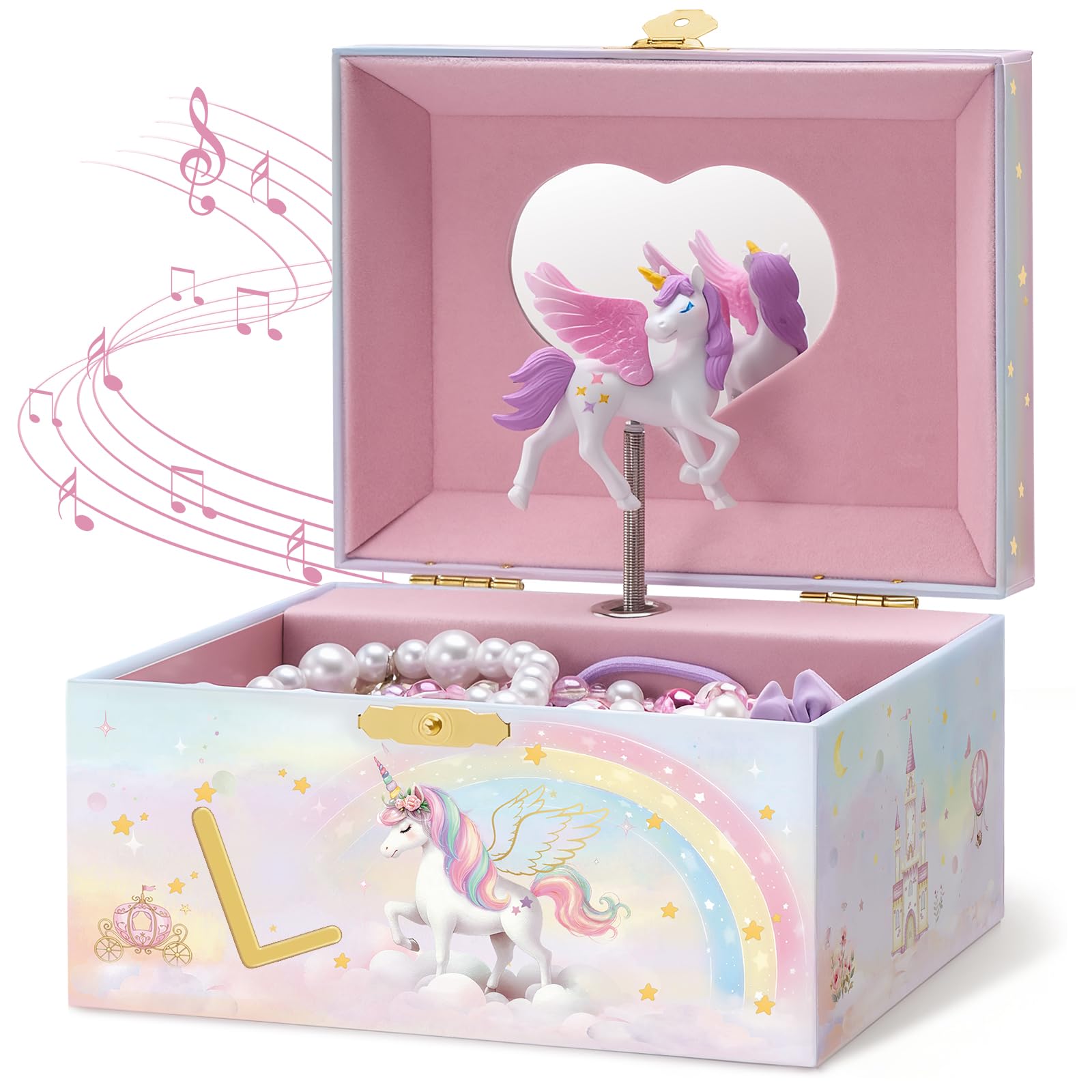 Lolalet Unicorn Jewelry Box for Girls, Kids Initial Musical Jewelry Organizer with Spinning Doll, Personalized Birthday Gifts for Little Girls Children Toddler Ages 3 4 5 6 7 8 (Box Only) -Letter L