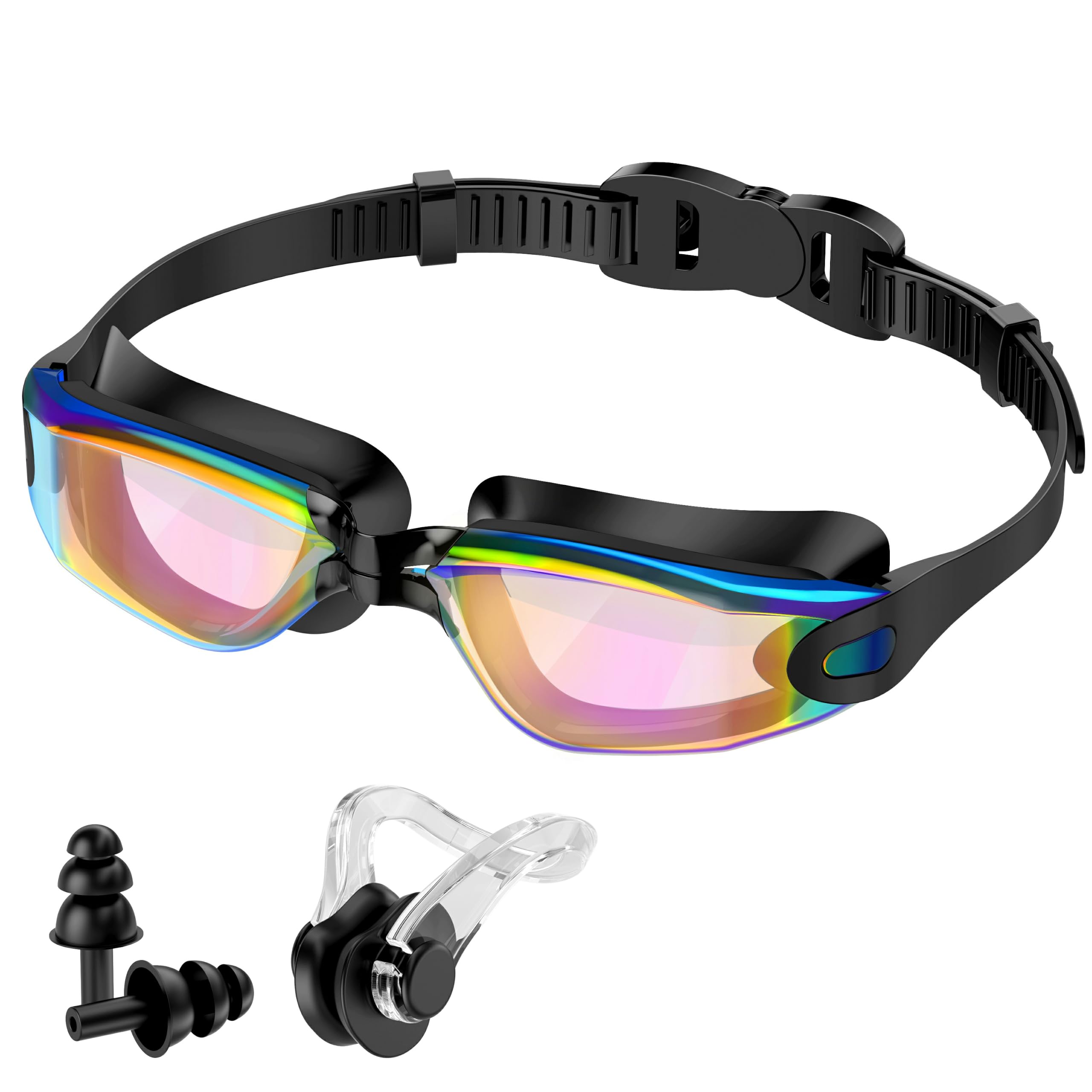 Ambienden Schwimmbrille Erwachsene mit Nasenklammer Ohrstöpsel, Verspiegelt | Verspiegelte Linse, 3D Silikondichtung, Wasserdicht, Anti-Beschlag, UV-Schutz, 180° Sichtfeld, Für Schwimmen und Tauchen