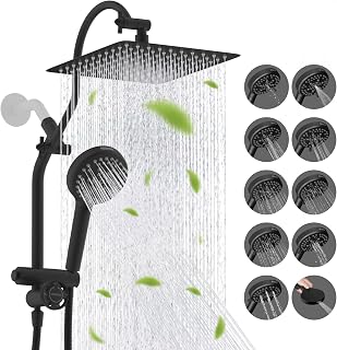 Hibbent All-Metal 10" High Pressure Rainfall Showerhead Combo with 10-Mode Handheld, 4-Way Diverter & Pause, 71" Hose - Black