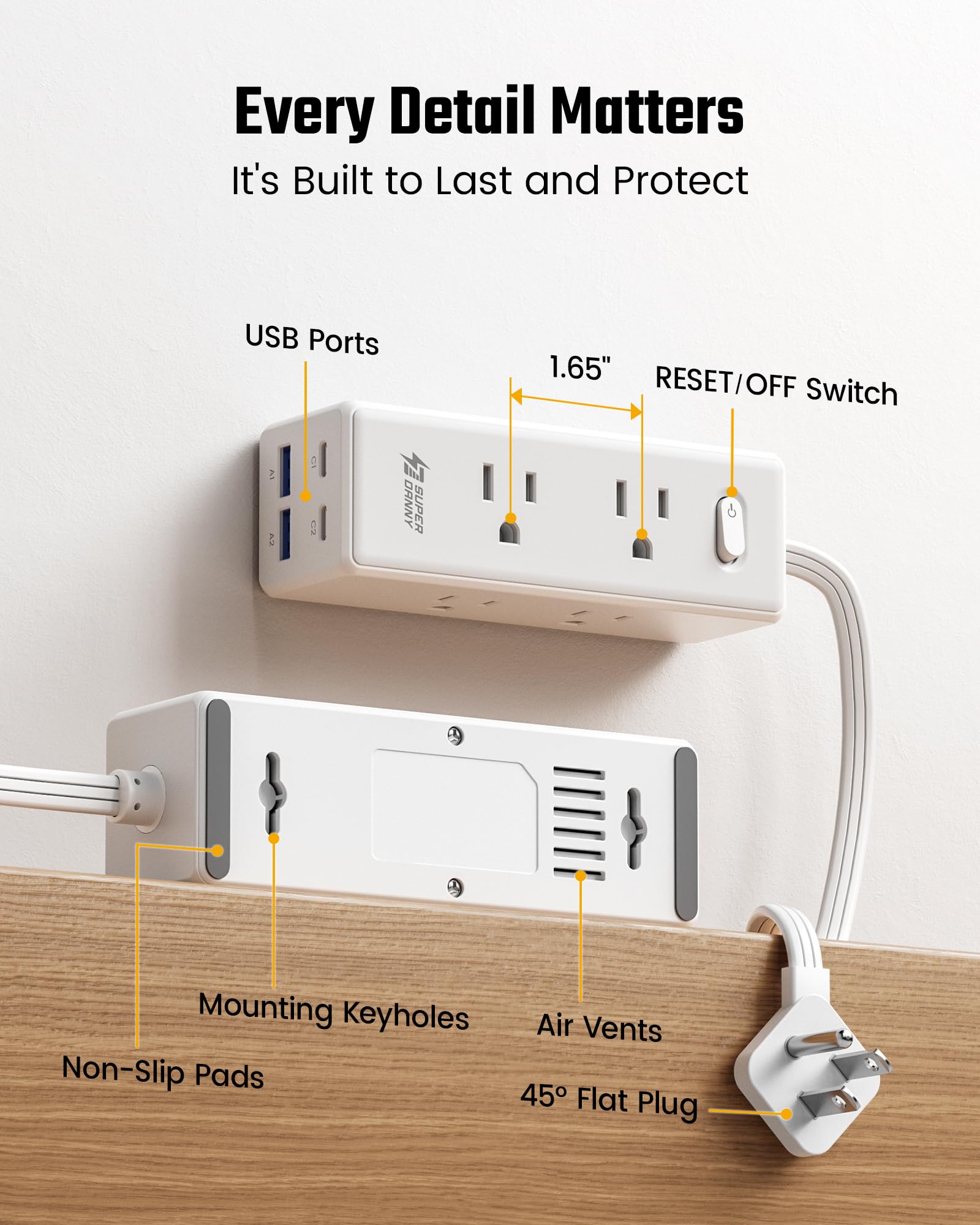 Prolunga da 3,8 m con diverse prese, prolunga lunga con 6 prese, 4 porte USB (2 USB C), banda di alimentazione per la casa, forniture per ufficio, articoli essenziali per