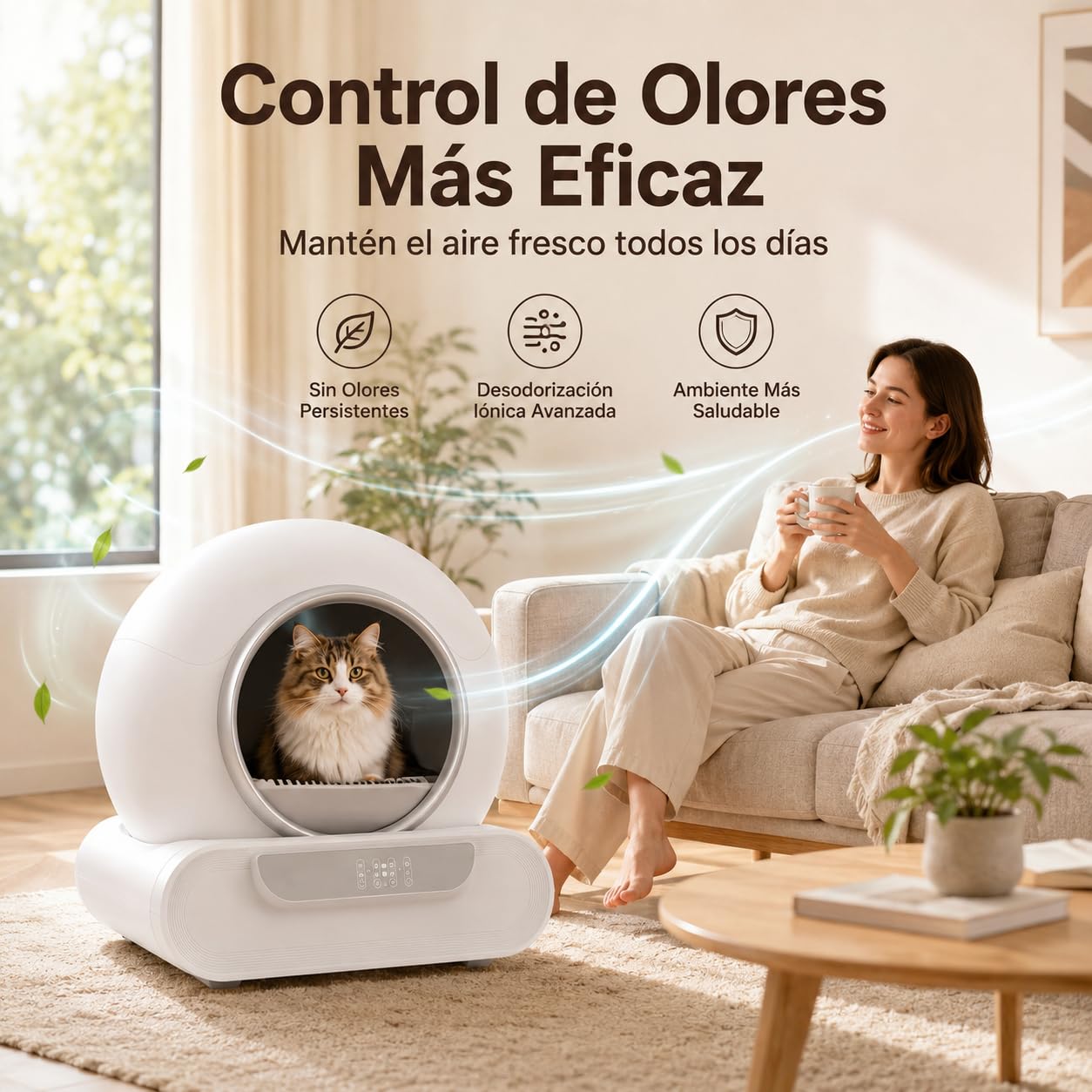 Arenero Automático para Gatos, 65L Gran Capacidad, Autolimpiable con Control App, Sensores de Seguridad Inteligentes, Eliminación de Olores, Ideal para Varios Gatos