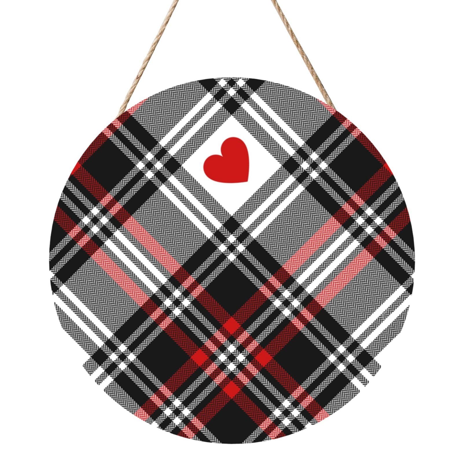 InOmak Valentines Plaid Hearts, Round Wood Panel Painting 12 in, Wall Hanging Painting For Home