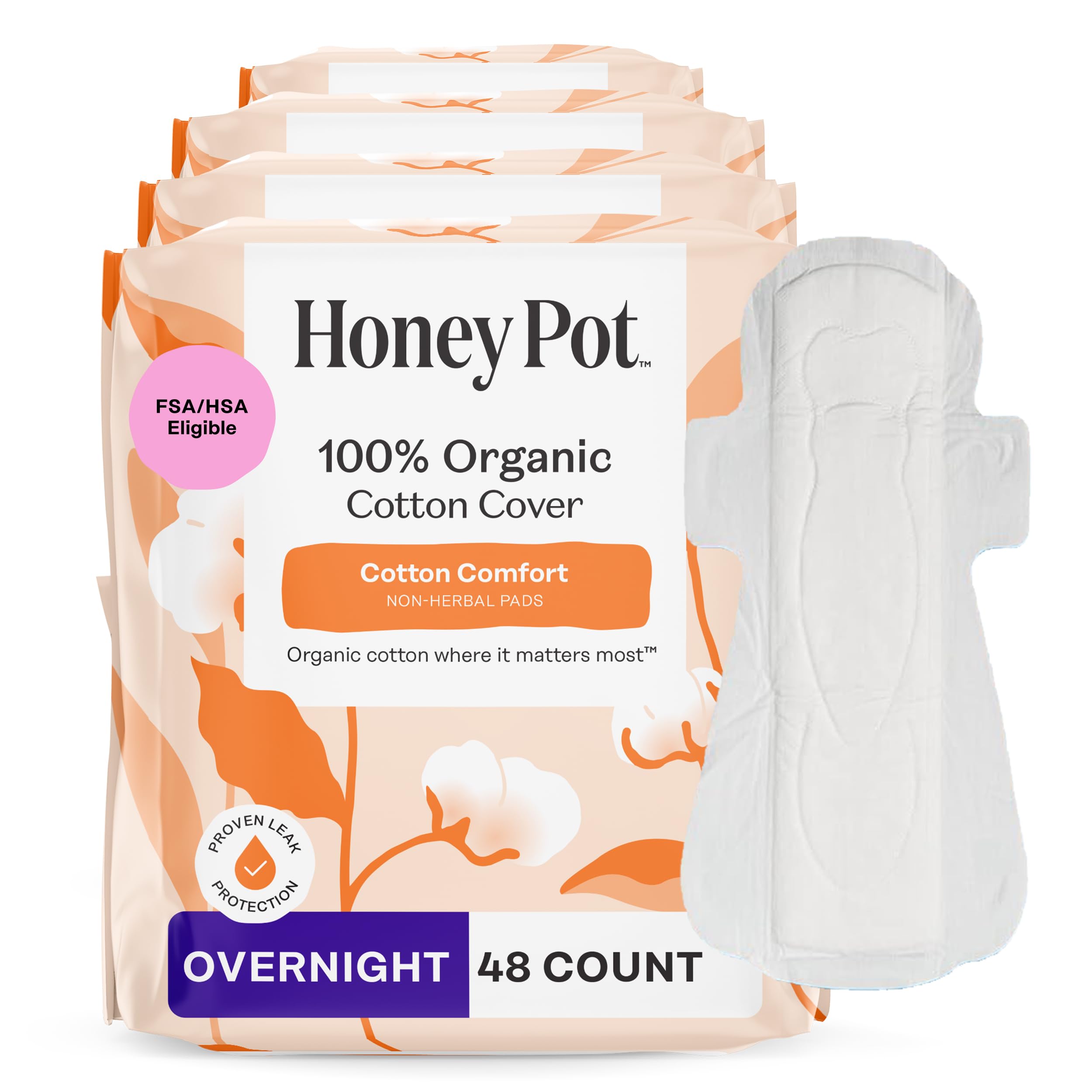 The Honey Pot Company - 48ct - Sanitary Pads for Women - Non-Herbal Overnight w/Wings - Organic Cotton Cover & Ultra-Absorbent Pulp Core - Feminine Care