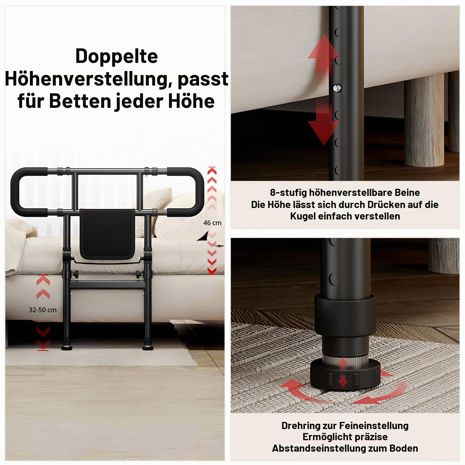Faltbare Bettschienen für Senioren Schwangere mit Ausziehbaren Bett-Gitterschienen, Höhen 79-97 cm Breiten 83-109 cm Aufbewahrungstasche und Sicherheitsgurt