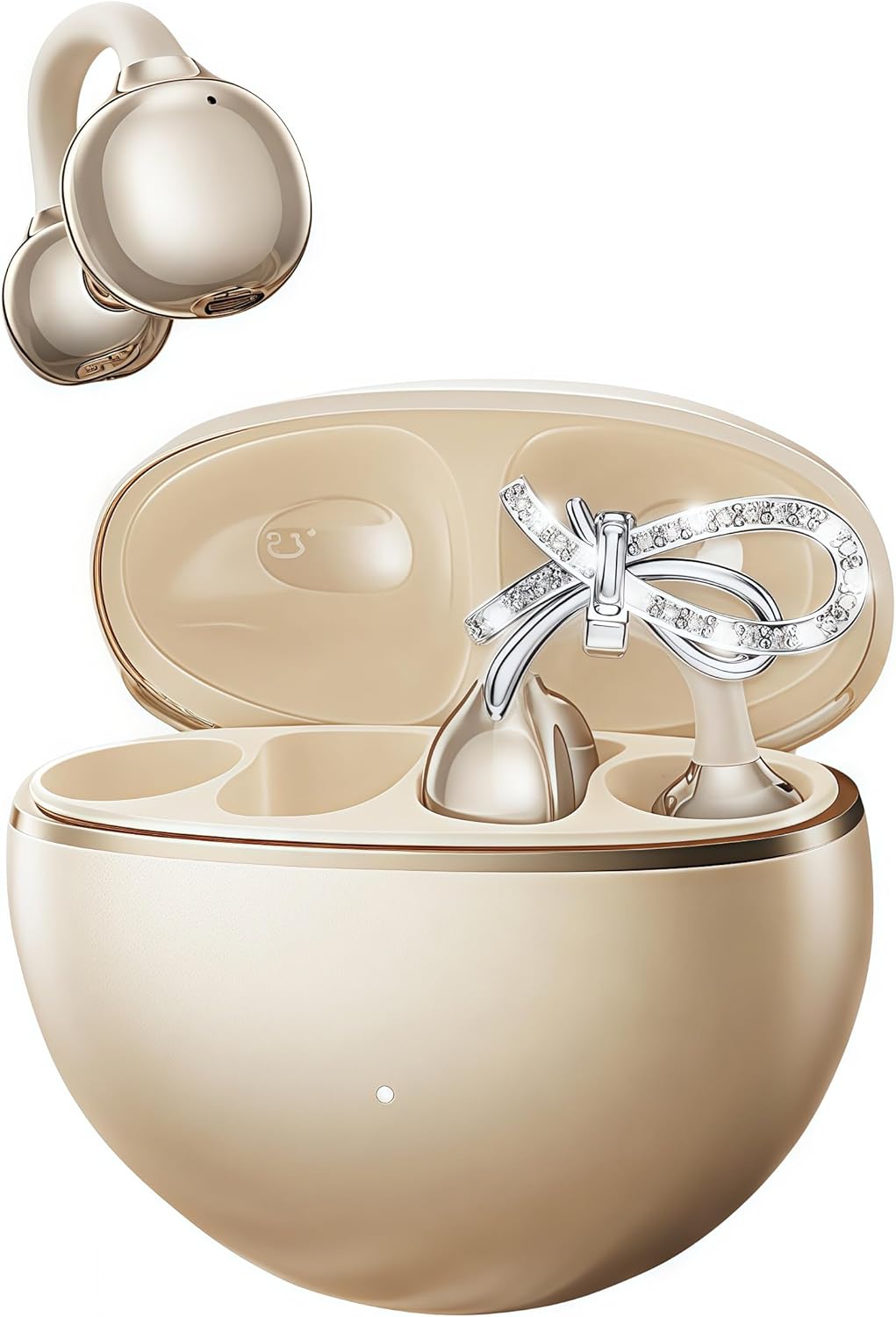 Micool Open-Ear Earbuds Bluetooth 6.0 with Crystal Bow Earring | Clip On Headphones Wireless, 48h Battery Life, Waterproof for Comfortable All-Day Wear (Beige)