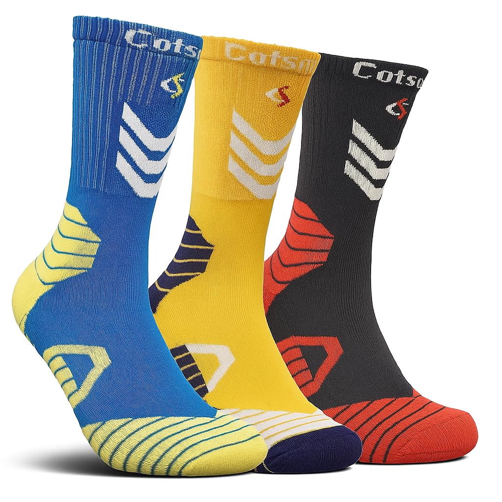 queery Double Layer Cricket Socks for Men, Athletic Performance Compression Socks, Blue Yellow Black, 3 Pairs-picture-23