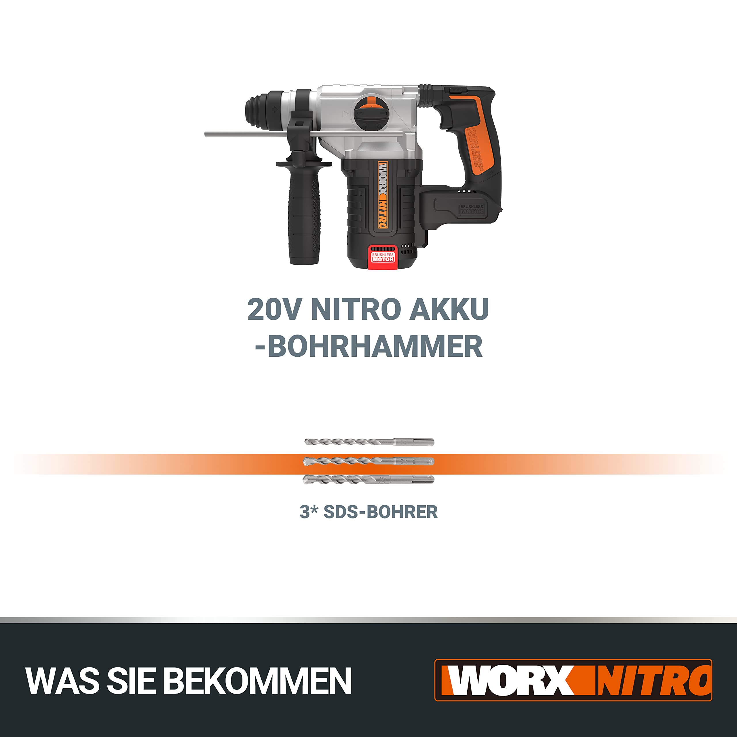 WORX NITRO WX380.9 Akku-Bohrhammer 20V - zum Bohren, Hammerbohren & Meißeln - bürstenloser Motor - stufenlose Drehzahleinstellung - verschiedene Stoff kompatibel - ohne Akku & Schnellladgerät