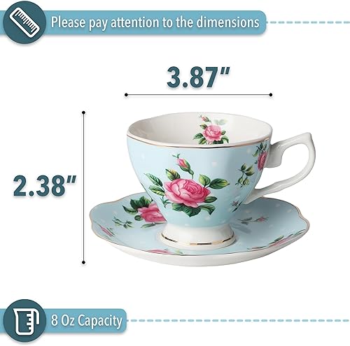 Miniatura 3 de BTaT- Juego de 2 tazas de té y platillos florales, 8 onzas, con borde dorado, tazas de café, juego de tazas de té floral, tazas de té británicas,