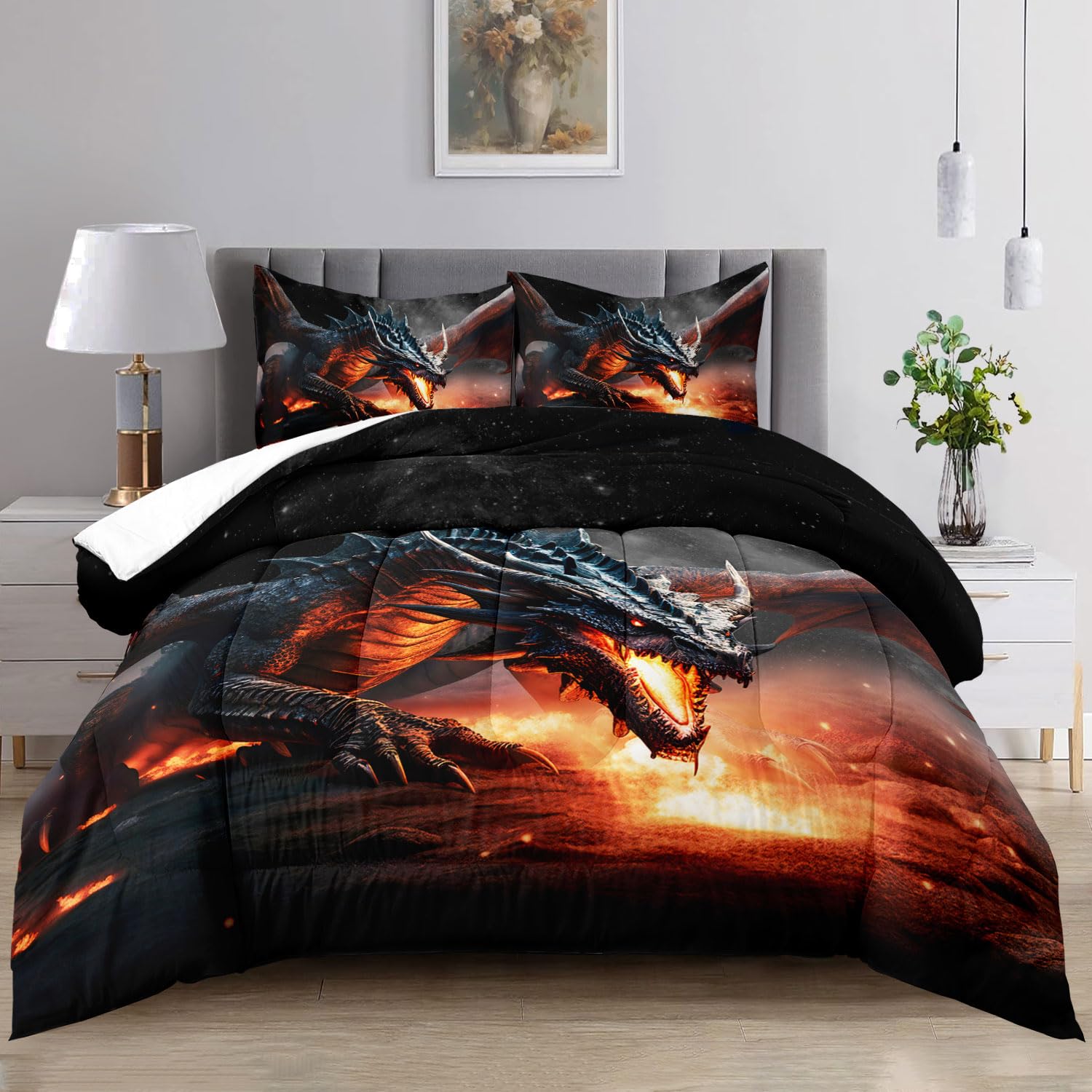 Raphus cucullatus 3D Dragon Cartoon Queen Bedding Sets for Boys,Dragon Comforter Set Queen Size,Dragon Bedding Set Queen,Boys Bedding Sets Queen,Ancient Wild Animal Dragon Pattern Bedding Set