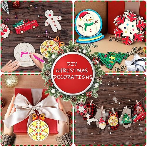 Miniatura 6 de AerWo 60 adornos de Navidad de madera, 12 estilos de adornos de rebanadas de madera sin terminar, juego de adornos de Navidad con campanas,
