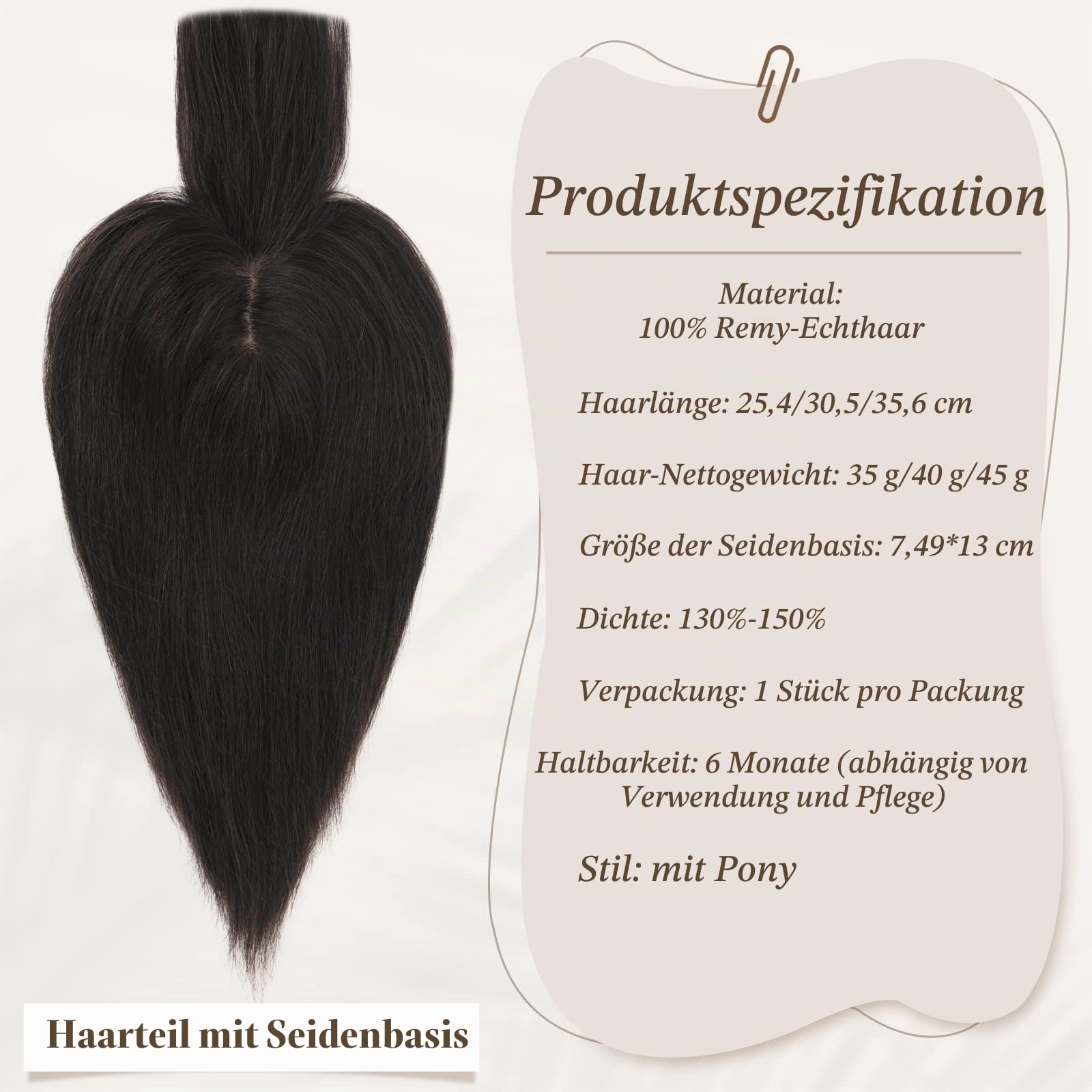 RUWISS Echthaar Hair Topper für Frauen Krone Toppers With Pony Kurze Perücken Haarteile für Dünnes Haar 7.5 * 13CM Silk Base 100% Echtes Menschliches Haar Clip in Topper 35 CM 45g (Natürlich Schwarz)