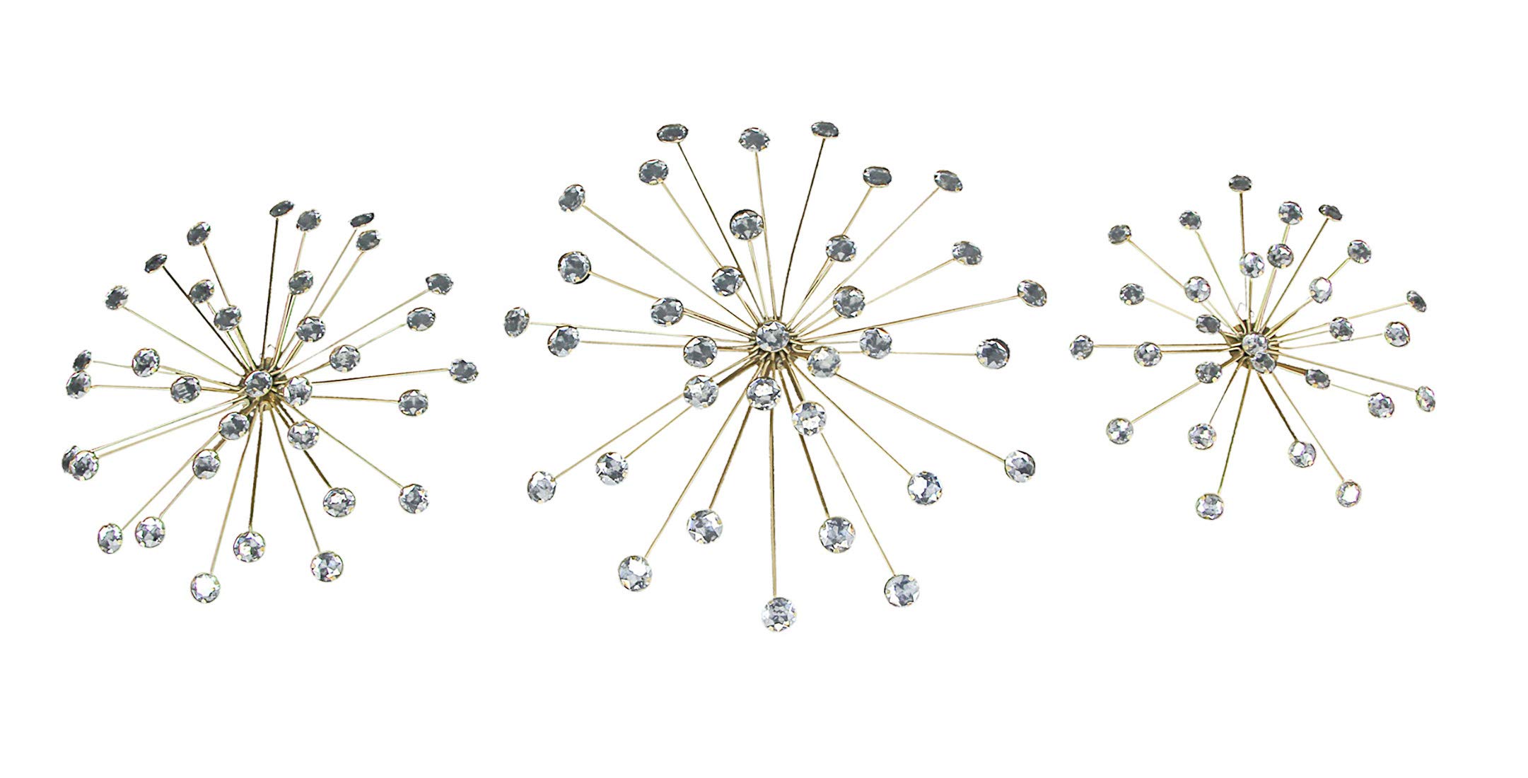 Things2Die4 Set of 3 Gold Finish Jeweled Metal Sunburst Wall Mounted Hanging Sculptures for Glamorous Mid Century Modern Home Decor - 12, 9.5, 8 Inches in Diameter