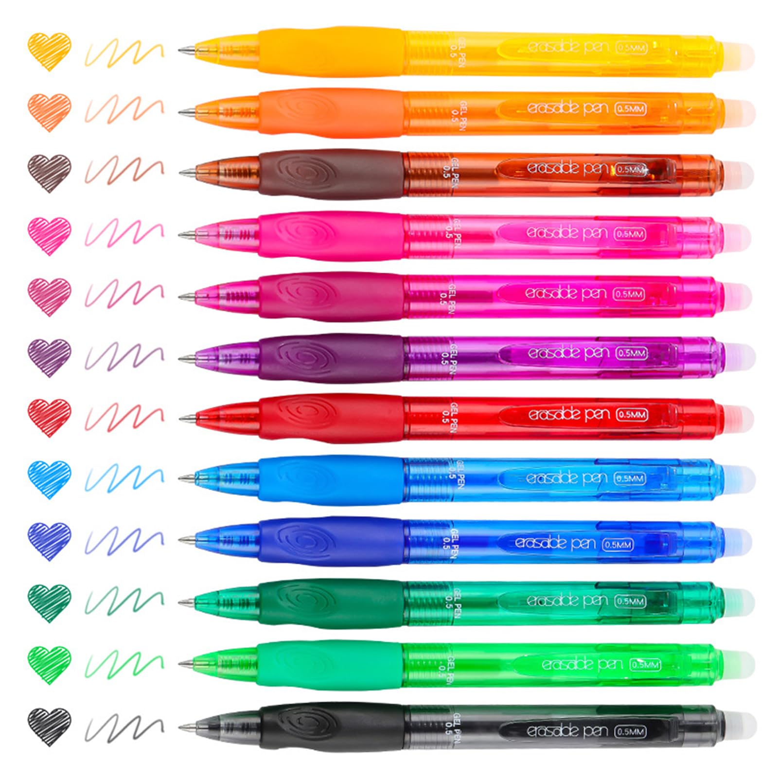 Hyleon Erasable Pens, 0.5mm Rub Out Friction Pens with Eraser, Retractable Pen, 12 Colors Erasable Gel Ink Pens, Erasable Gel Pens for Writing, Drawing, Office, Plannen, School Supplies