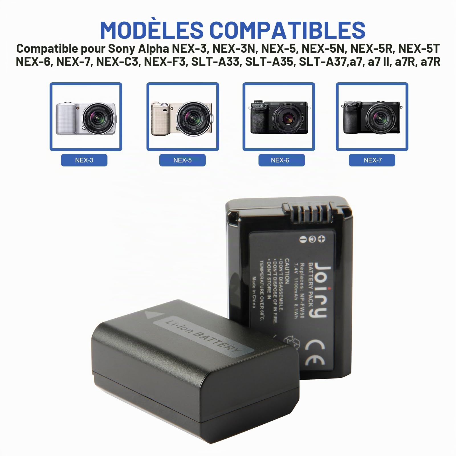 2 X NP-FW50 Batterie de Rechange et Chargeur Double Compatible avec Sony Alpha a6500, a6300, a6000, a7s, a7, a7s II, a5100, a5000, a3000, a7r, a7 II, NEX 3/5/7 Series