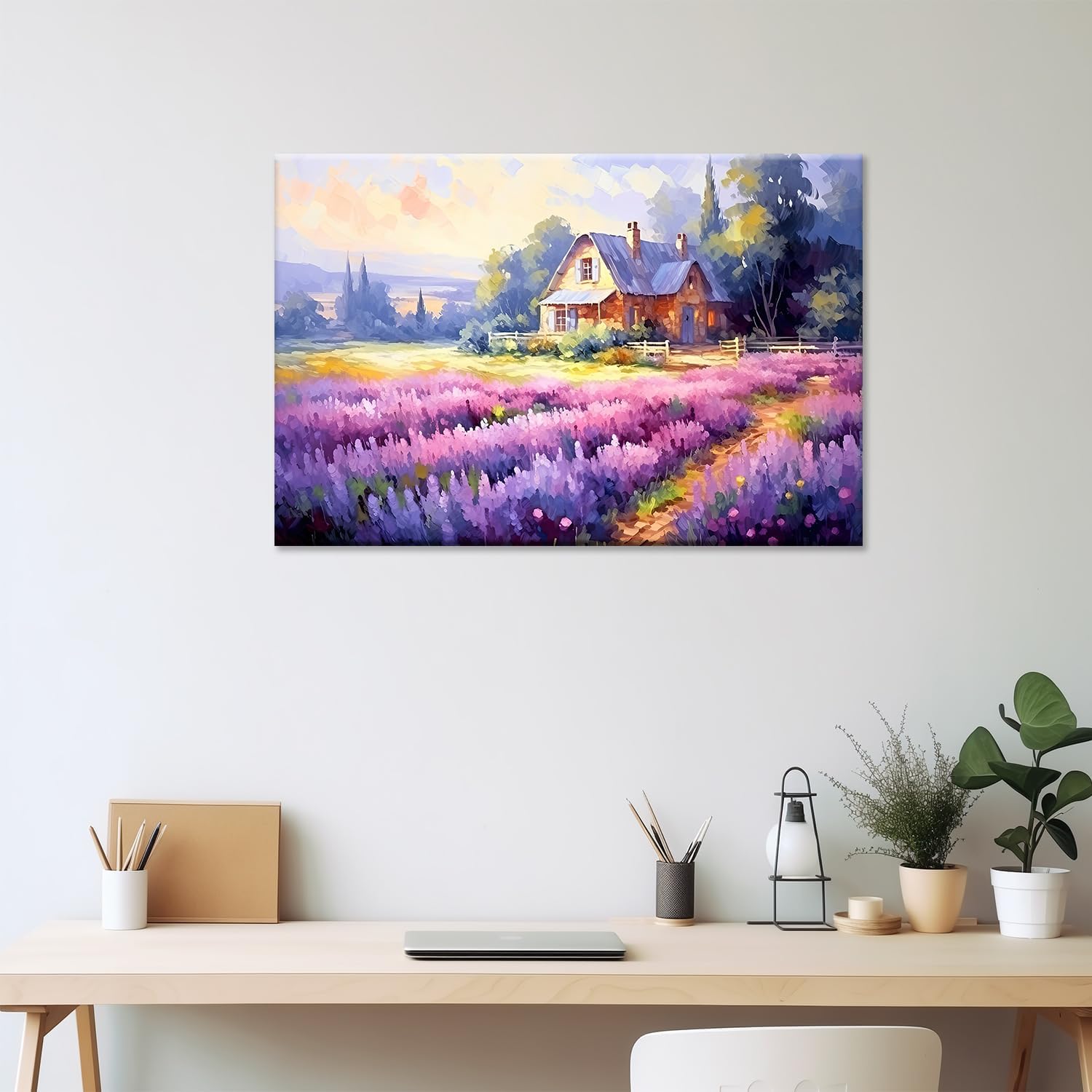 Farmhouse Canvas Wall Art, Lavender Garden and Farmhouse Painting Poster Print Vintage Farmhouse Painting Picture for Bedroom Living Room Decor(Artwork-01, 18"x12")