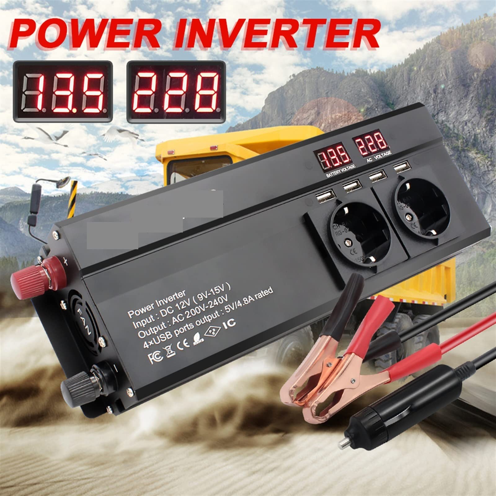 Falownik, Przetwornica samochodowa 2600W Zasilanie DC 12V/24V do AC 220 Wyświetlacz LED i konwerter 4USB Ładowarka Transformator