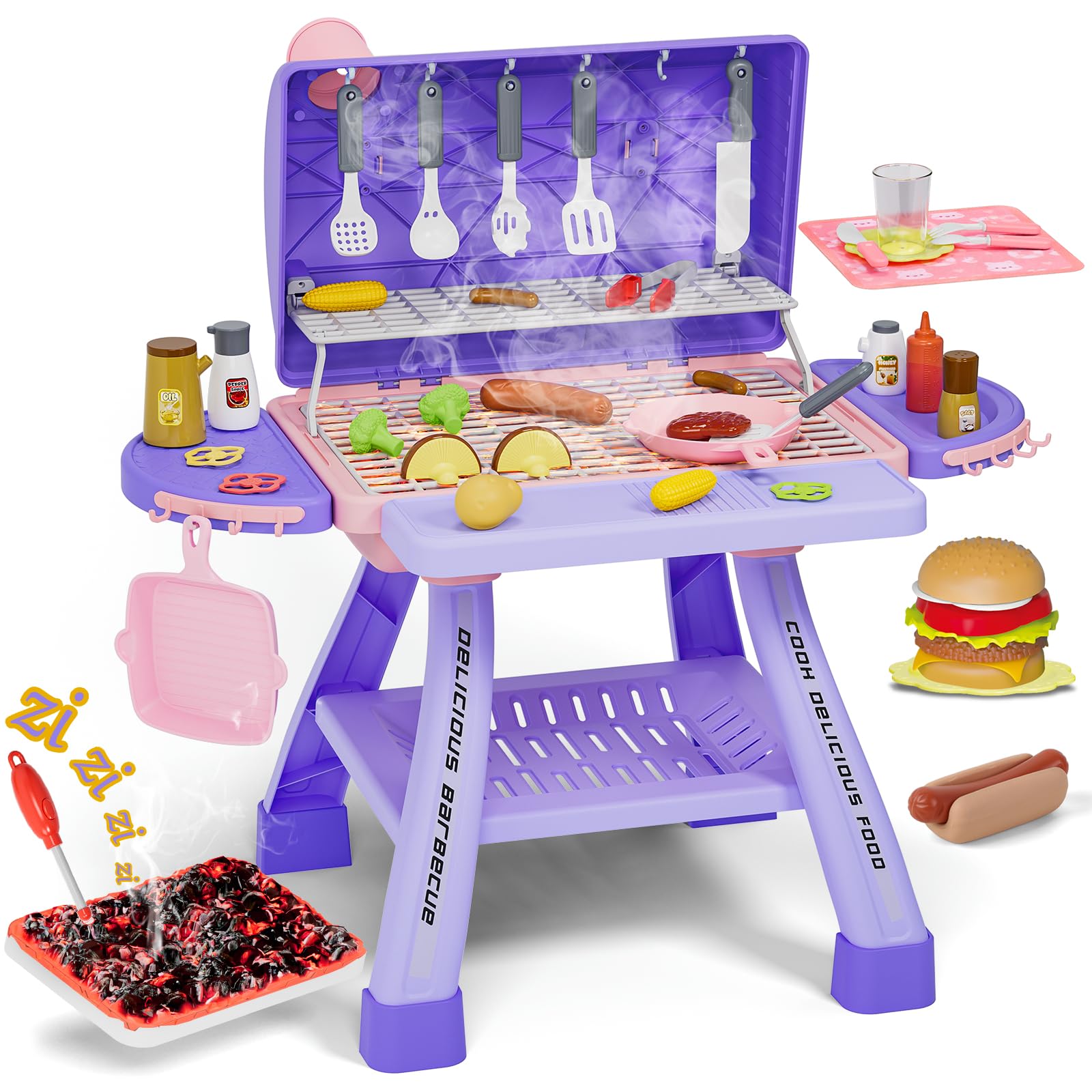 New Upgraded Kids BBQ Grill Playset with Smoke, Sound&Light, Toy Grill for Girls, Pretend Food Hamburger, Kitchen Barbecue Toy Game, Christmas