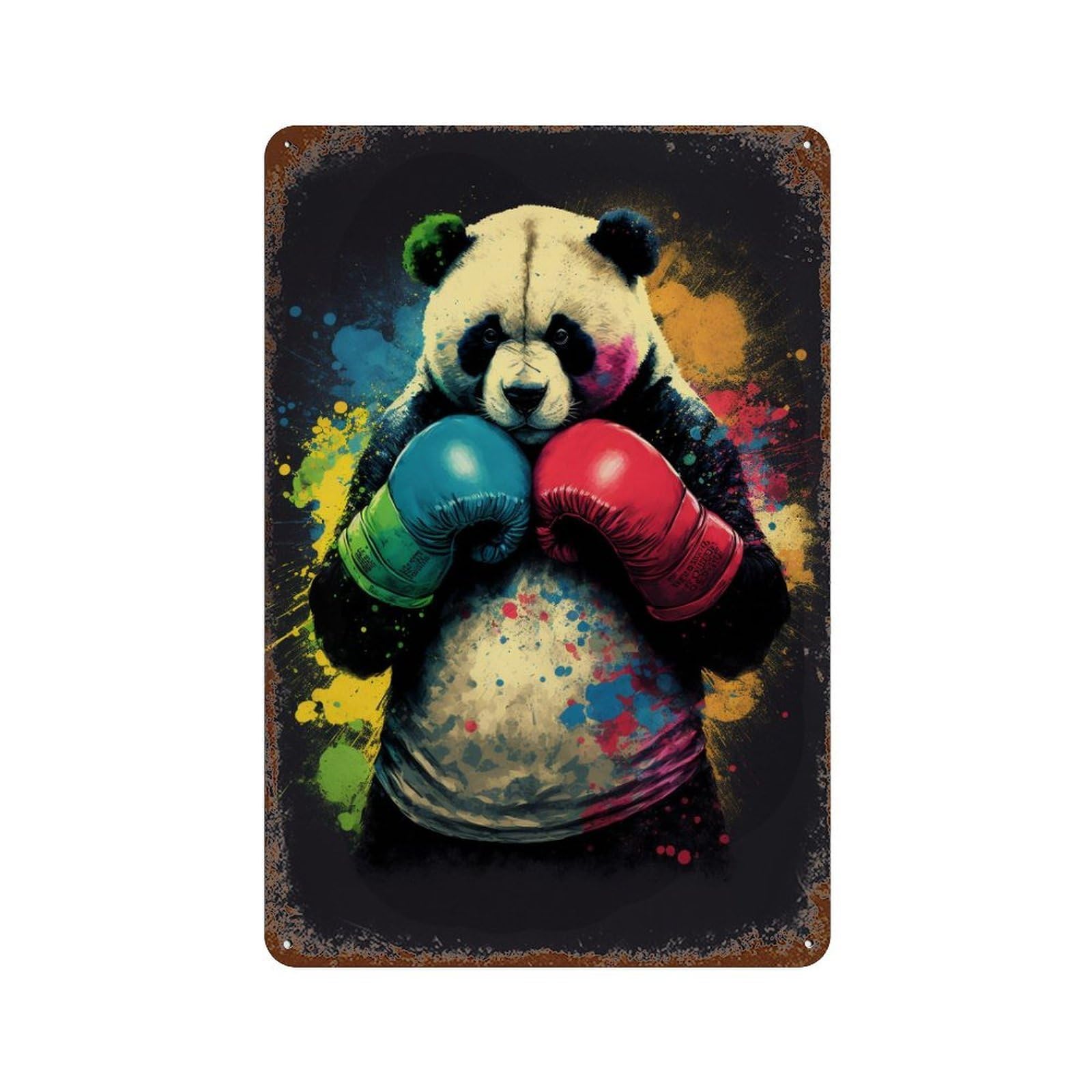Boxing Panda Art Print Rust Effect Tin Sign 11.8"x7.9", Retro Wall Decor for Pub, Kitchen And Man Cave Decor