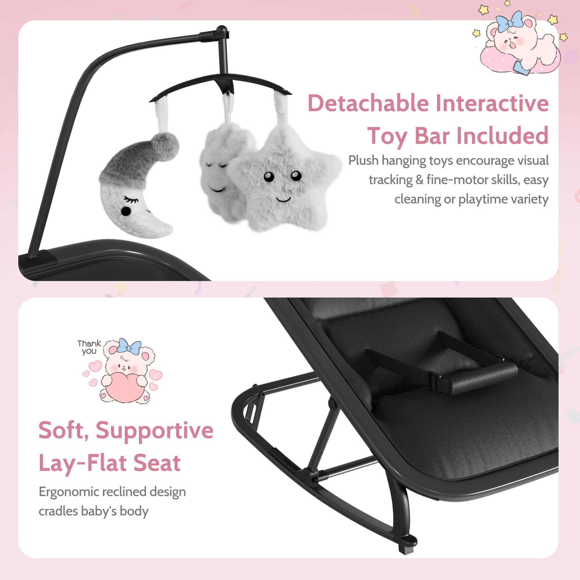 Garvee Silla Mecedora para Bebé 0-12 Meses - Hamaca Infantil Plegable con Respaldo 3 Posiciones, Barra de Juegos, Arnés 5 Puntos, Funda Desmontable, Estructura Aluminio Ligera - Negro