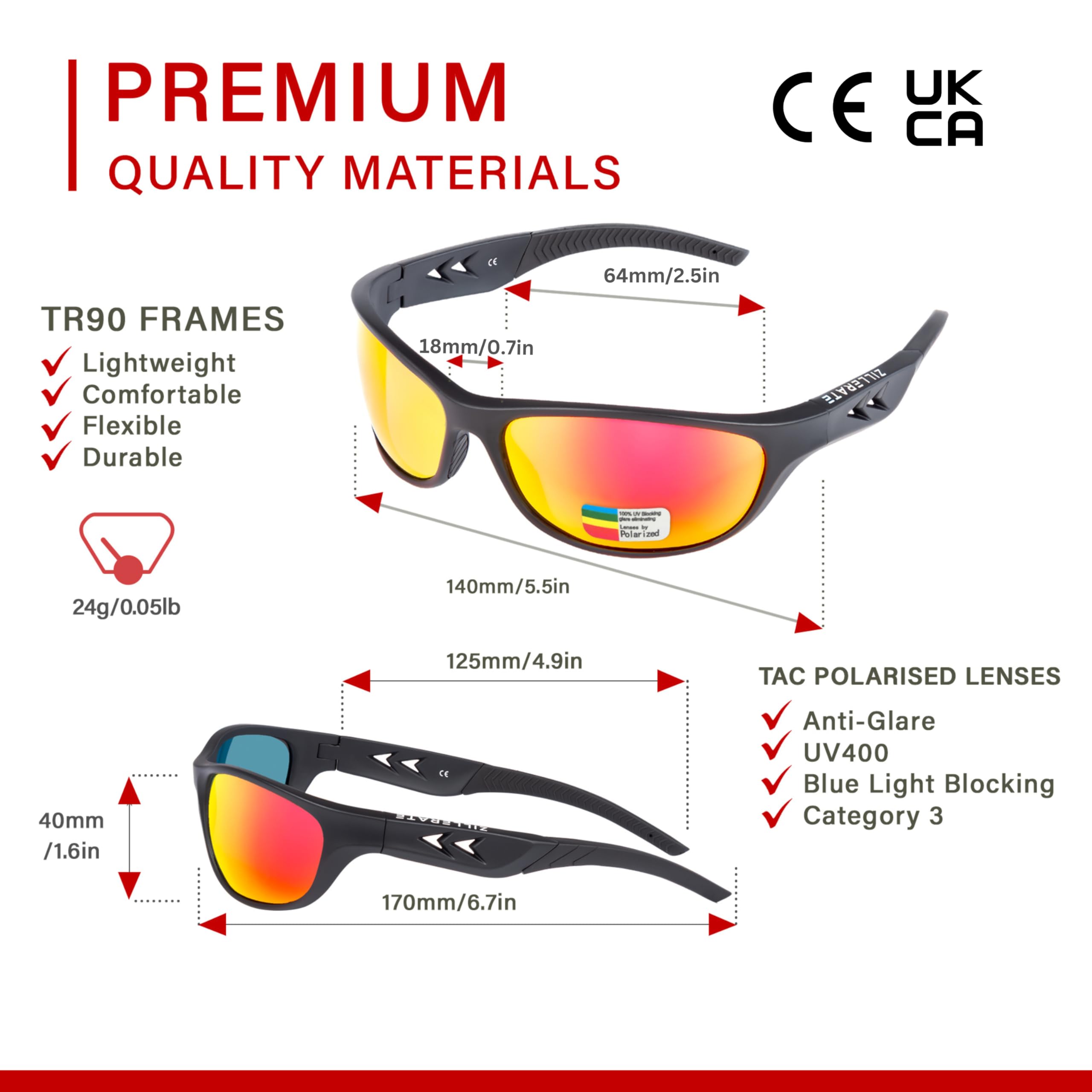 ZILLERATE Polarisierte Sport-Sonnenbrille für Herren und Damen, zum Fahren Radfahren Golf Fischen Laufen Segeln Skifahren, UV400-Schutz, Leichter, langlebiger TR90-Rahmen, Hartschalen-Etui