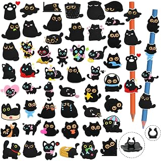Cute Pencil Toppers, 50PCS Cute Black Cat Pencil Charms Bulk Students School Teacher Supplies Cartoon Cat Pen Toppers Charms,PVC Pencils Clips Fun Animals Pencils Decor Classroom Prizes Party gifts