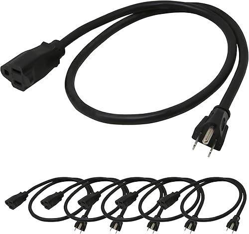 Lightkiwi Cable de extensión de alimentación de 3 pies, paquete de 6, cable de extensión corto SJTW de 14 AWG, 15 A, 125 V, 1875 W, cable de