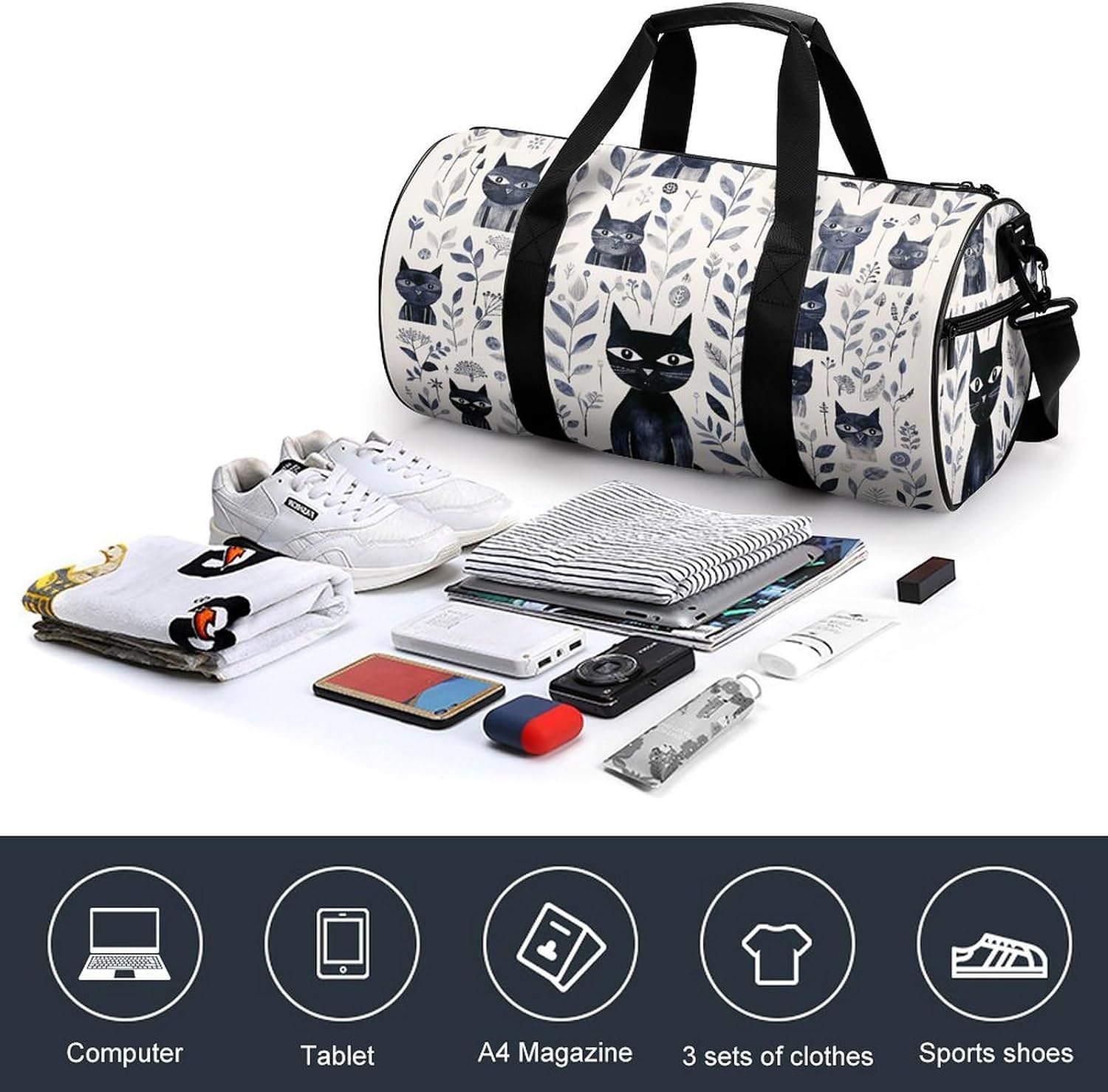 Simple Black Cat Gym Bag Hand-held Fitness Bags Cylindrical Fitness Bag with Shoe Large Compartment Duffle Bags for Travel Sports Unisex image 4