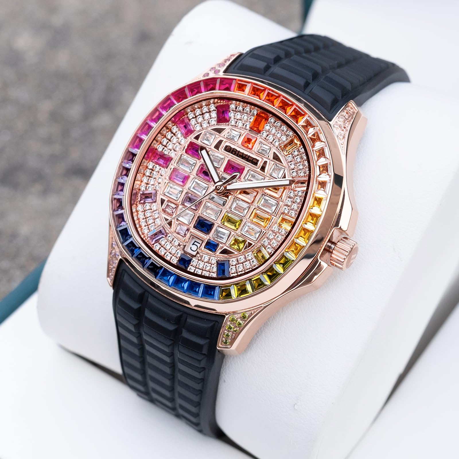 OBLVLO Orologio automatico con quadrante impreziosito da cristalli di lusso, display della data, lunetta in pietra baguette, cinturino in gomma FM-DSL