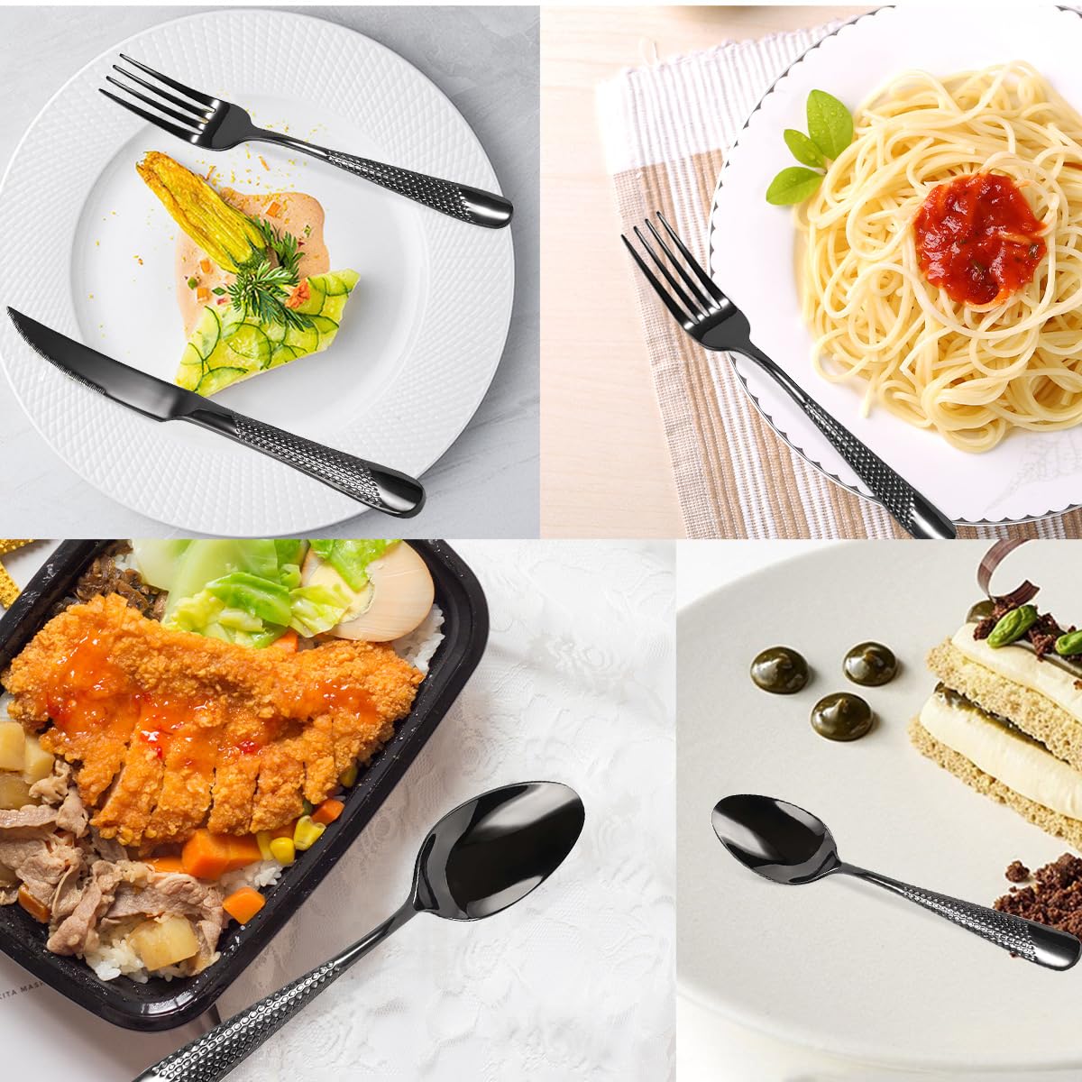 VIQWYIC Juego de cubiertos de 24 piezas, cubiertos martillados, cuchillo de acero inoxidable, tenedor, cuchara, juego de cubiertos para 6 personas, modernos cubiertos de plata para