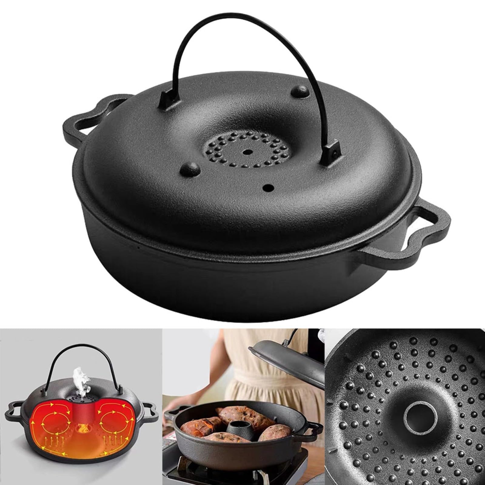Teglia da forno in ghisa con coperchio, grande teglia rotonda per forno all'aperto, perfetta per verdure e carne