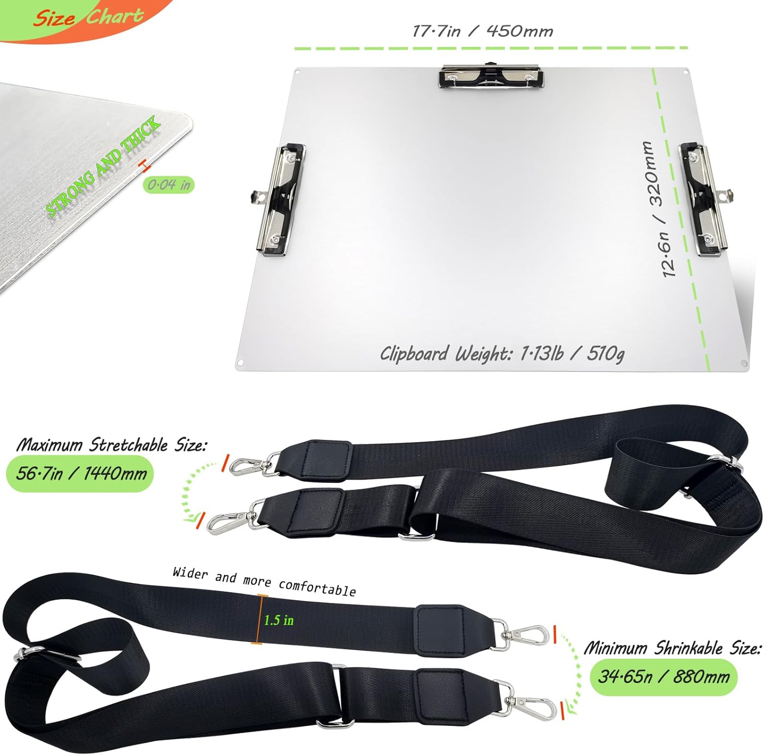Aluminum 11x17 Clipboard with 2 Dedicated Shoulder Strap Three Clip, Metal Hangable Clipboards Art Pen Holder Extra Large Clip Board for Field Drawing Business Office Workshop (Silver, A3)
