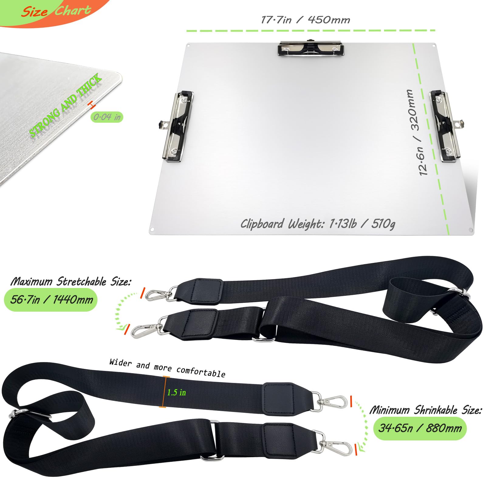 Klemmbrett mit drei Clips, Aluminium, 28,9 x 43,2 cm, mit 2 speziellen Schultergurten, Metall-Klemmbretter zum Aufhängen, Kunststifthalter, extra großes Klemmbrett für Feld, Zeichnen, Geschäft, Büro,
