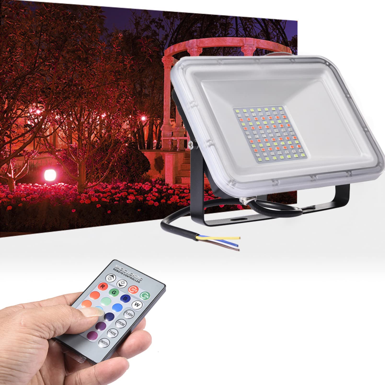 MERRYHE 50W RGB LED Floodlights with Remote Control Outdoor IP66 Waterproof Security Lights Dimmable 16 Colors 4 Modes Flood Lighting with Memory Function for Decorative Stage Landscape